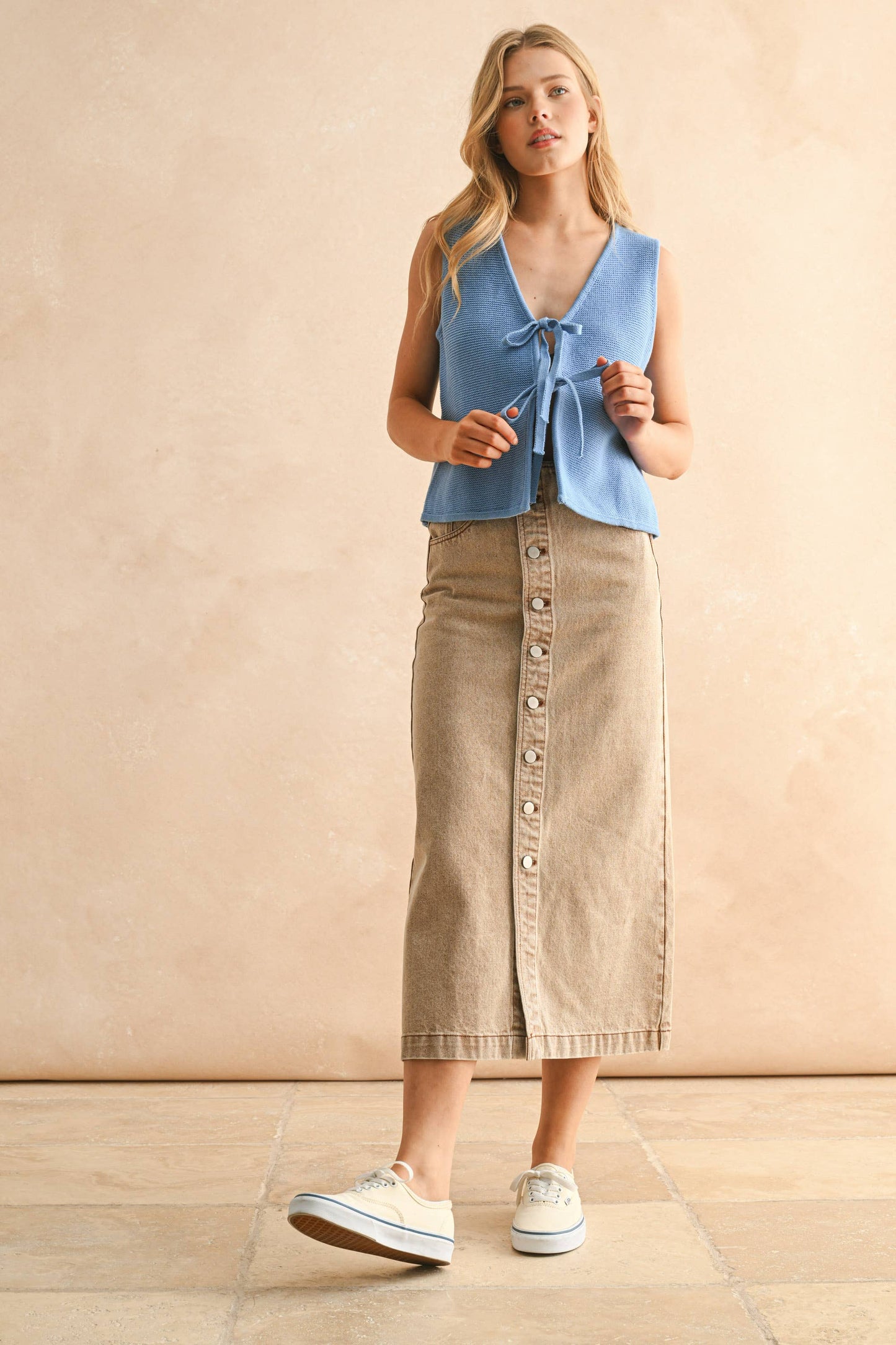 MIOU MUSE | Latte Washed Front Button Maxi Skirt