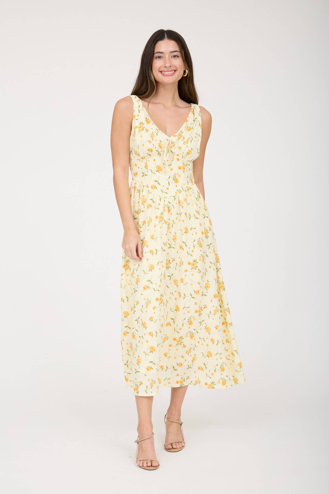 FLORAL V NECK SLEEVELESS CORSET MIDI DRESS