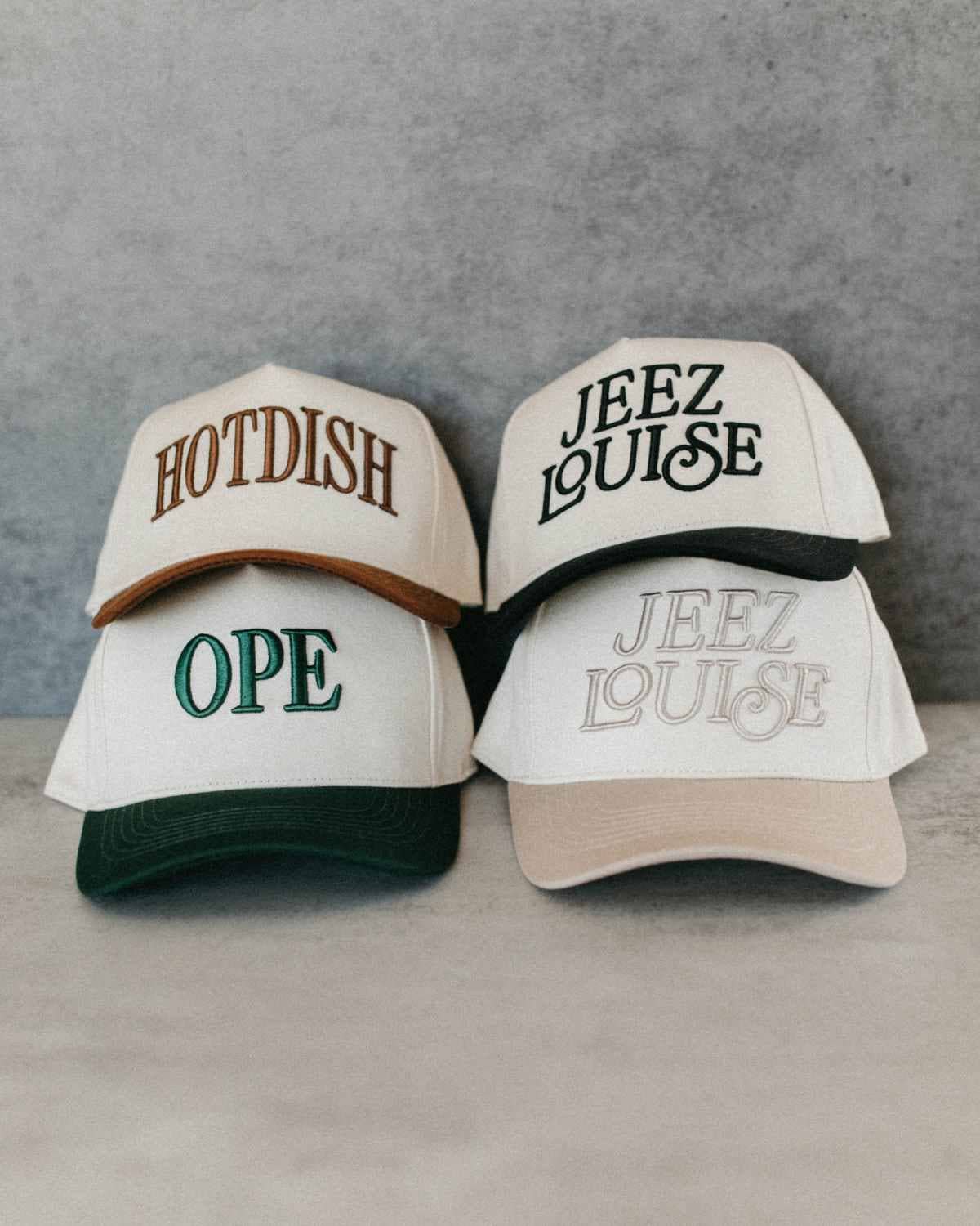 Jeez Louise Unisex Trucker Hat - Khaki & Cream