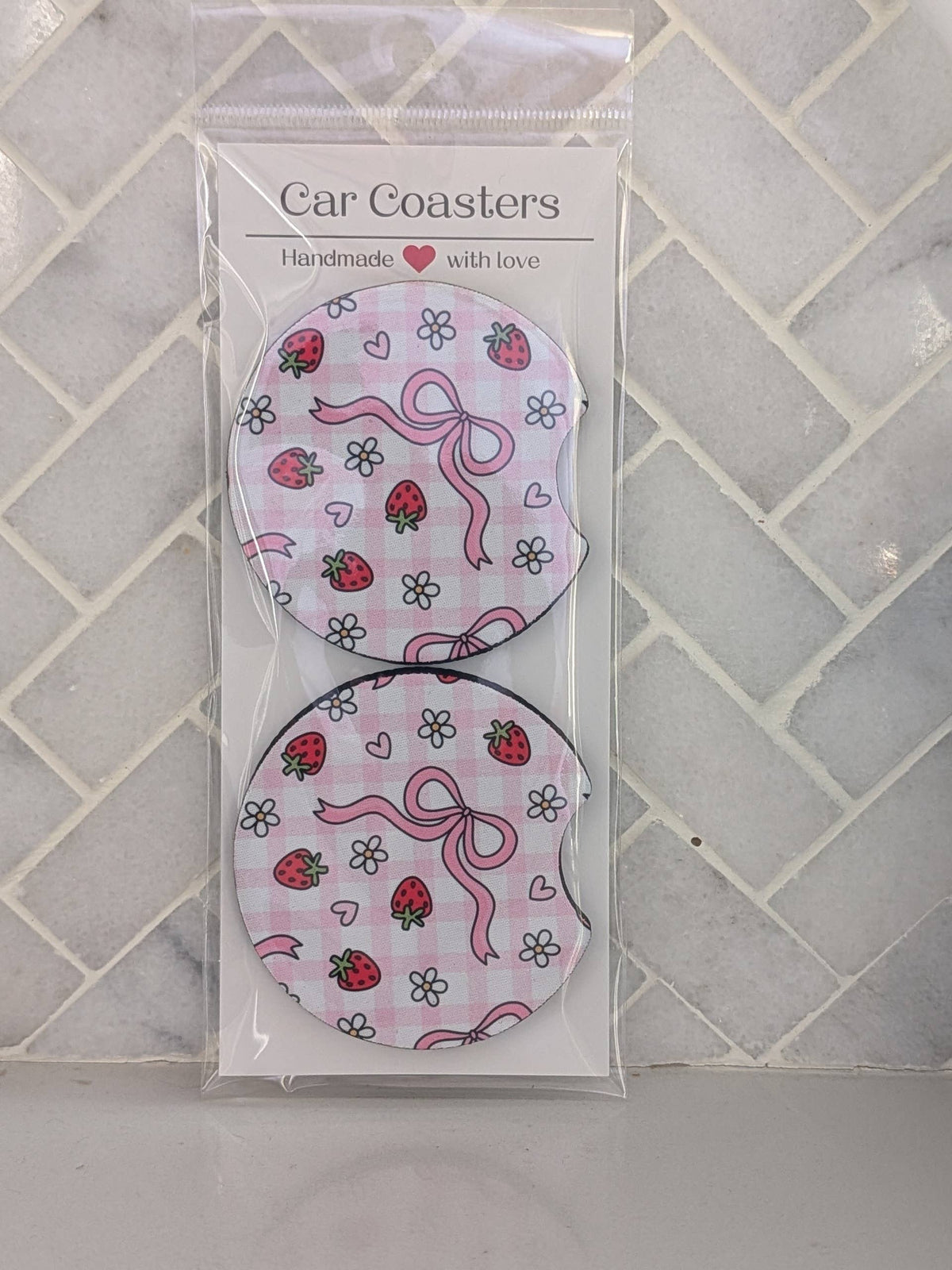 Gingham and Bow Strawberry Car Coasters