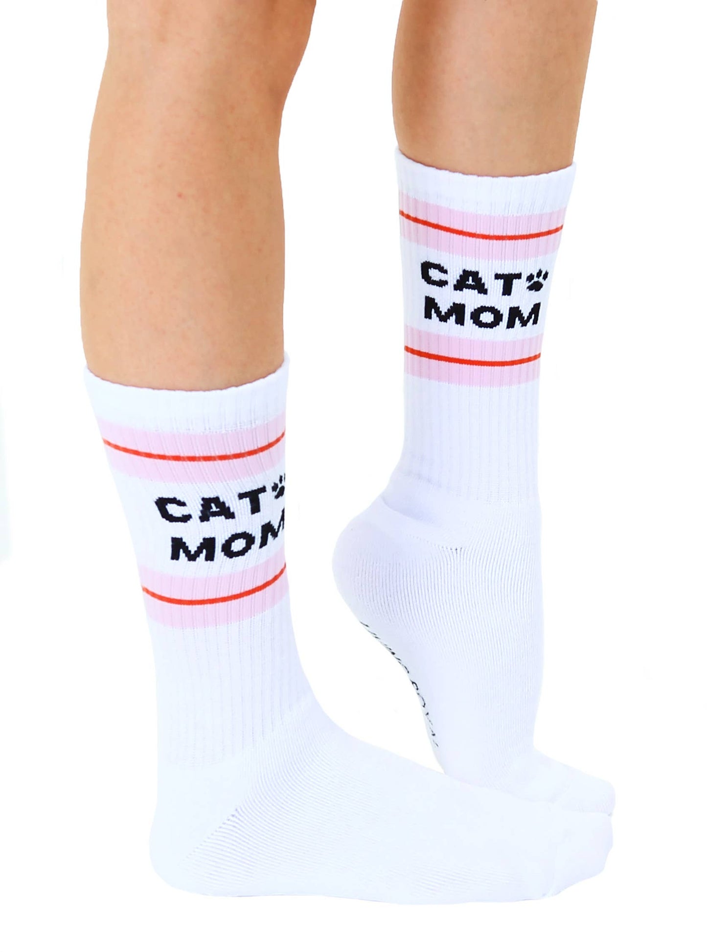 Classic Crew Socks w/ Ribbed Tubing - "Cat Mom" - White
