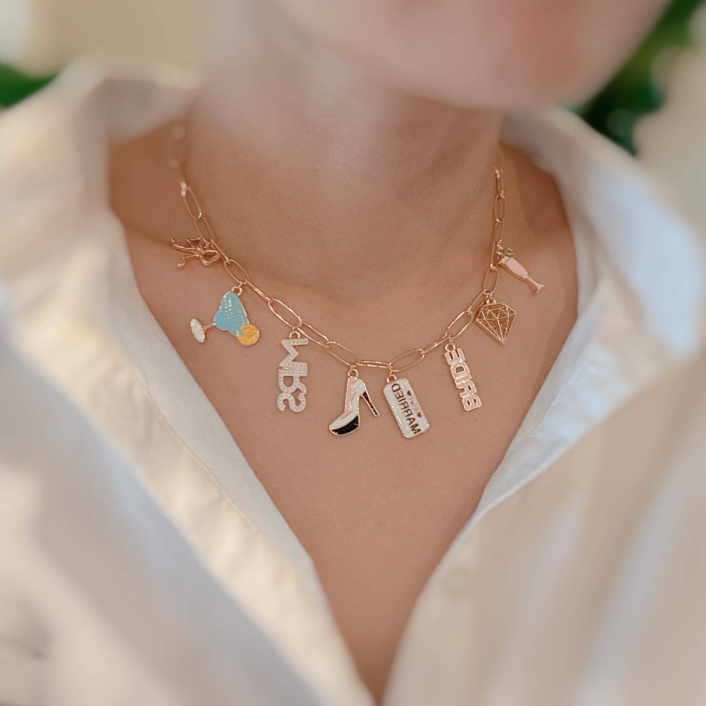 Mrs. Bride Cocktail Bow Charm Necklace