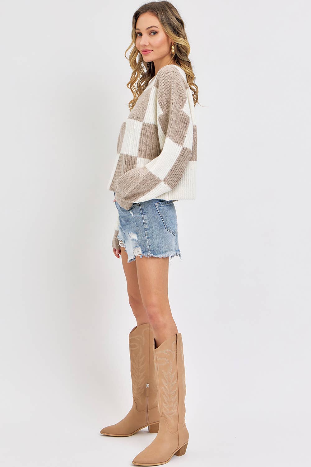 CASUAL SOFT COZY RELAXED FIT CHECKER KNIT SWEATER: IVORY MOCHA / Contemporary / S