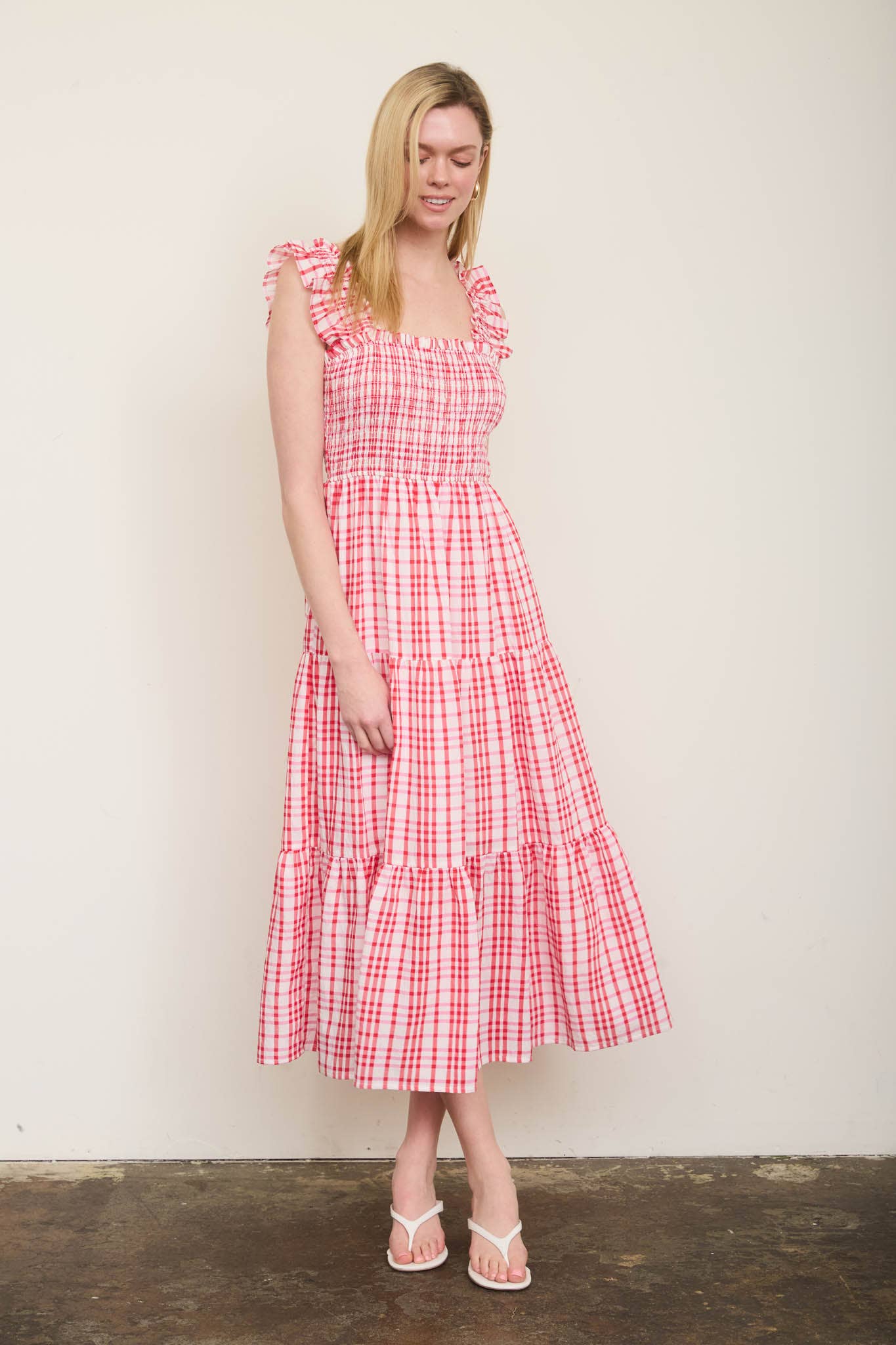 PLAID SMOCKED RUFFLE STRAP TIERED MIDI DRESS