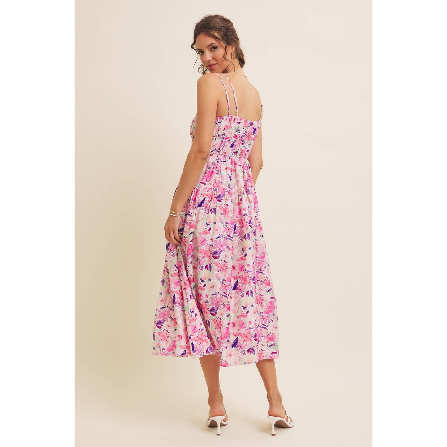 VIBRANT FLORAL PRINT RUCHING CAMI MIDI DRESS