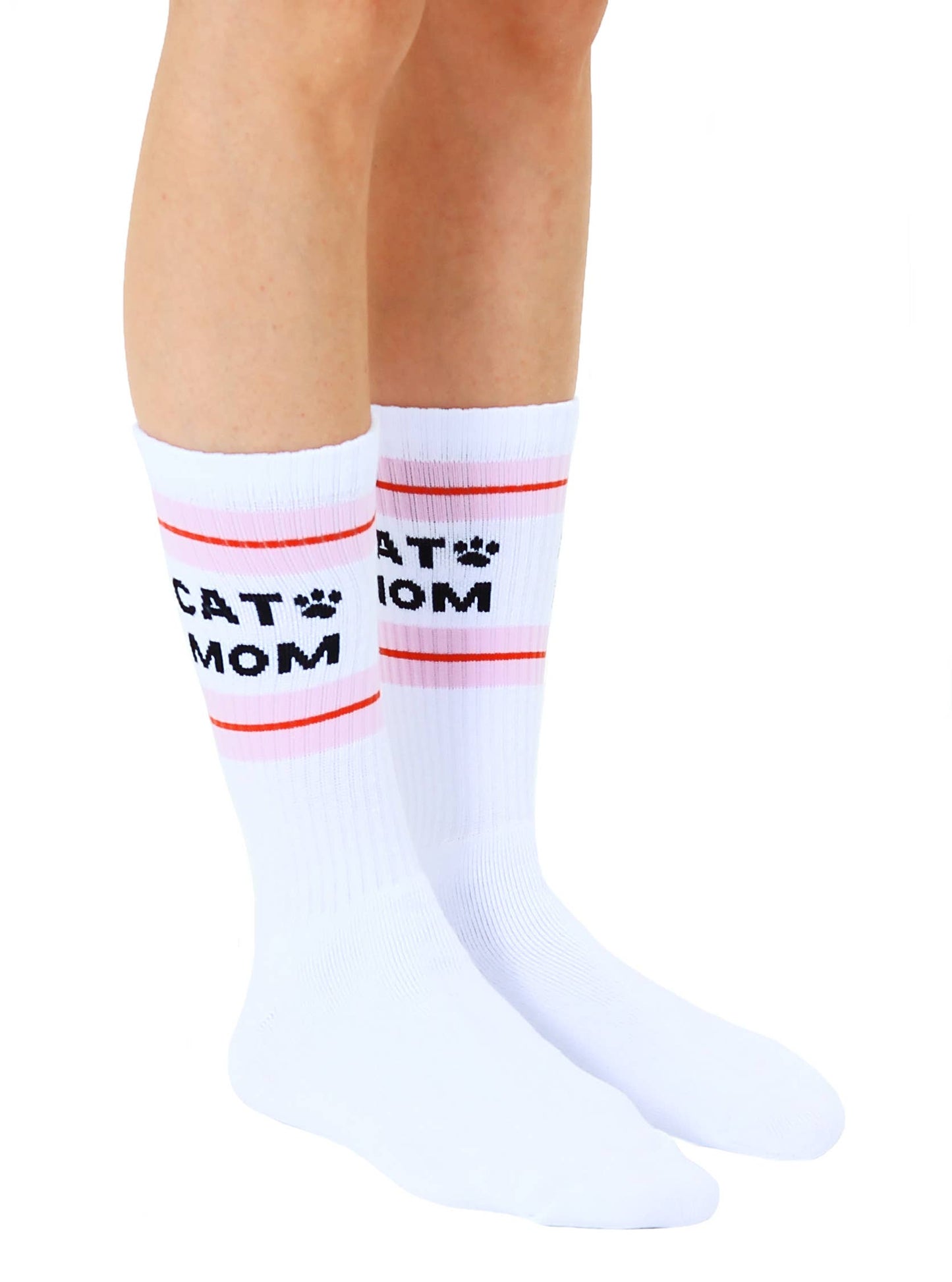 Classic Crew Socks w/ Ribbed Tubing - "Cat Mom" - White