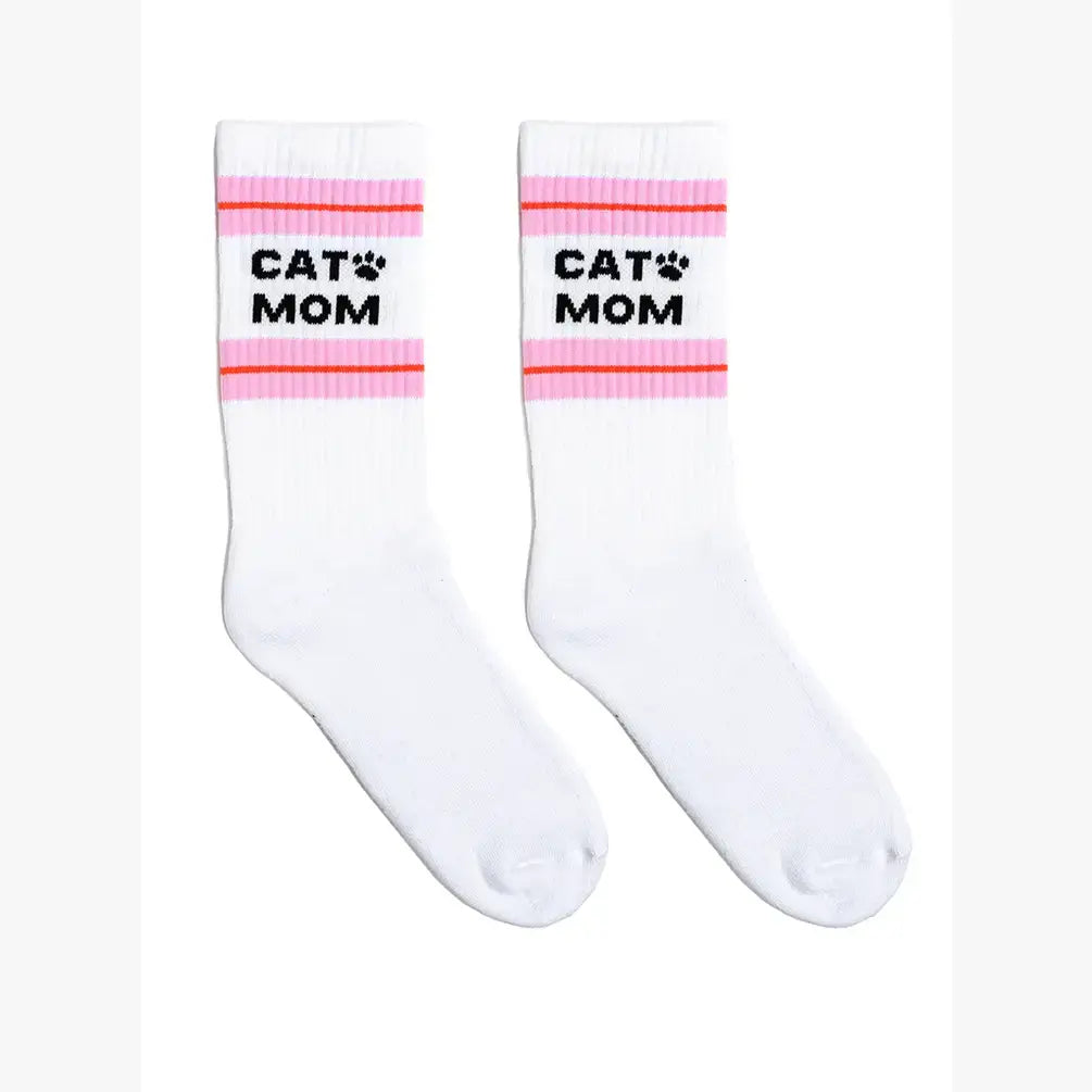 Classic Crew Socks w/ Ribbed Tubing - "Cat Mom" - White