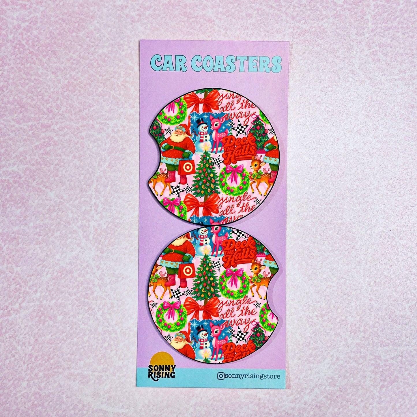 2 Car Coasters, Bright Santa Shopping Pattern