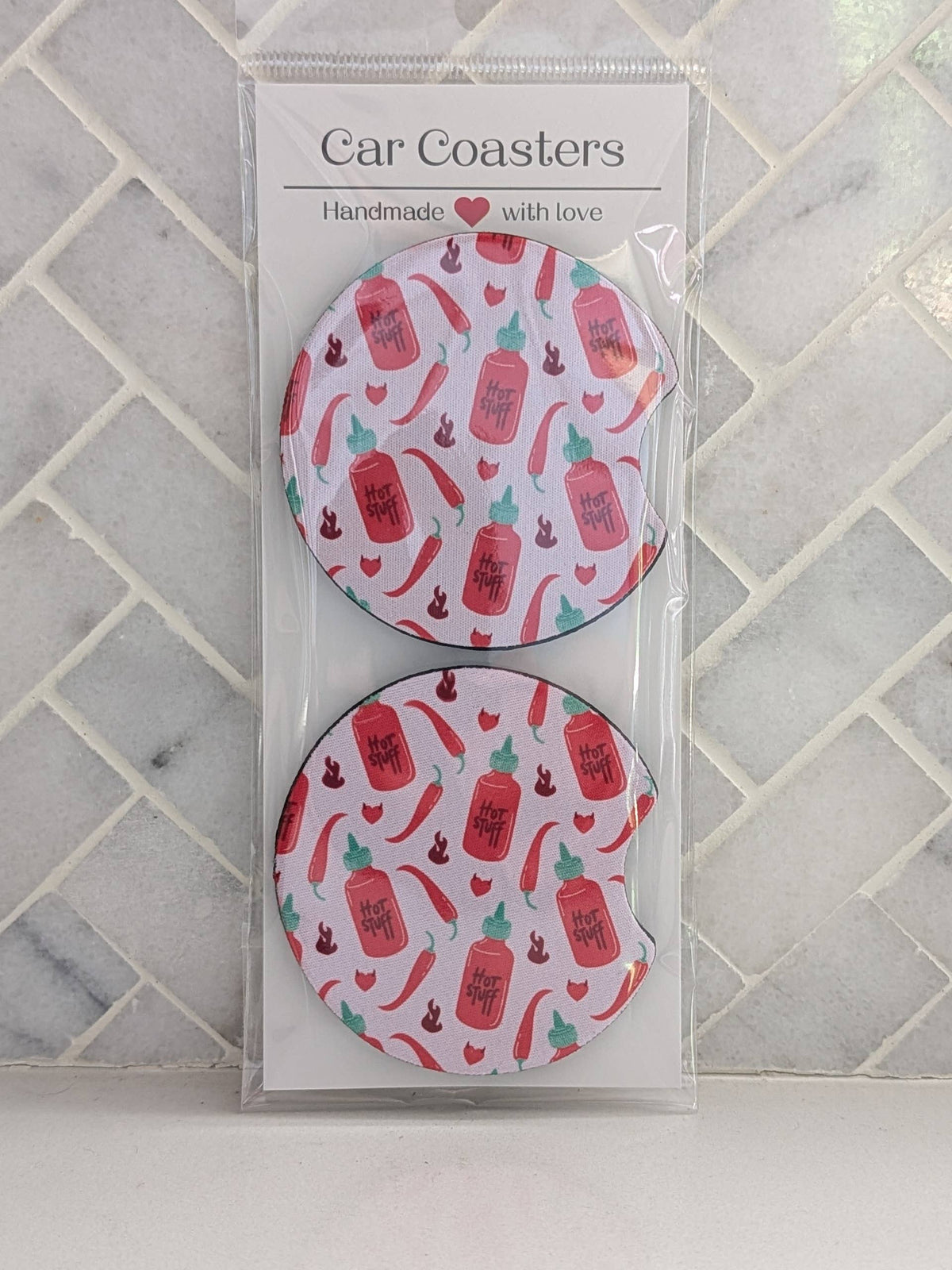 Hot Sauce and Chili Peppers Pink Car Coasters