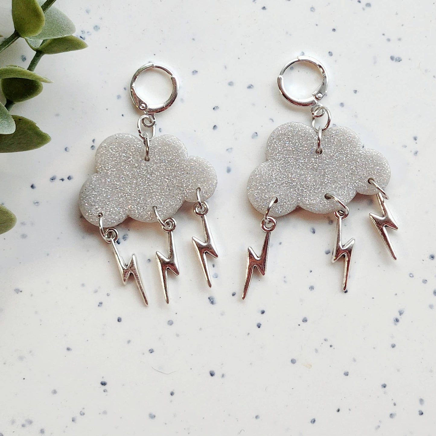 Glitter earrings cloud lightning huggies silver
