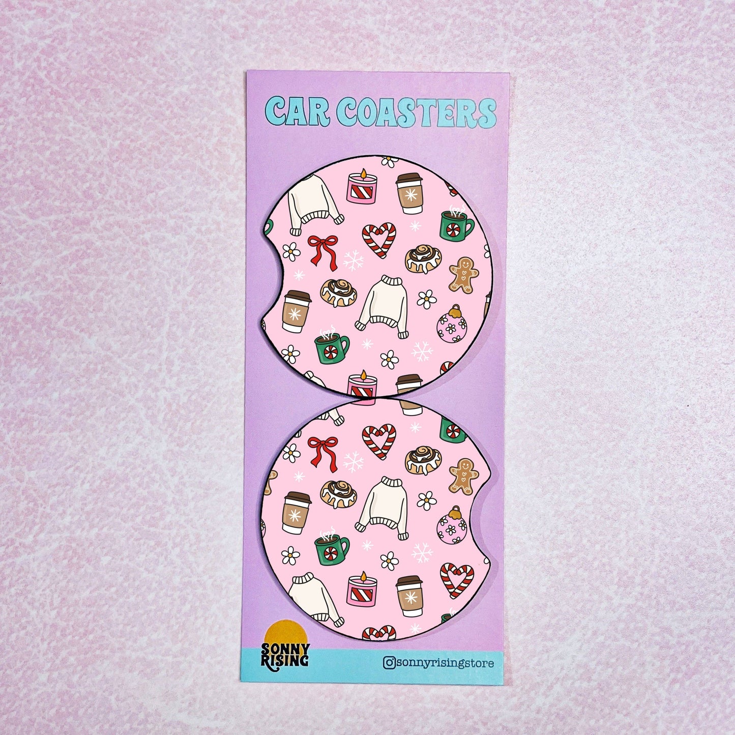 2 Car Coasters, Winter Icons On Pink Pattern