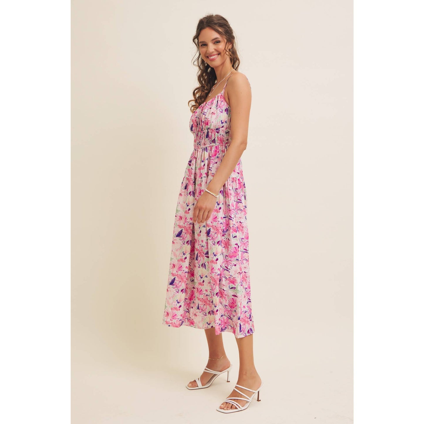 VIBRANT FLORAL PRINT RUCHING CAMI MIDI DRESS