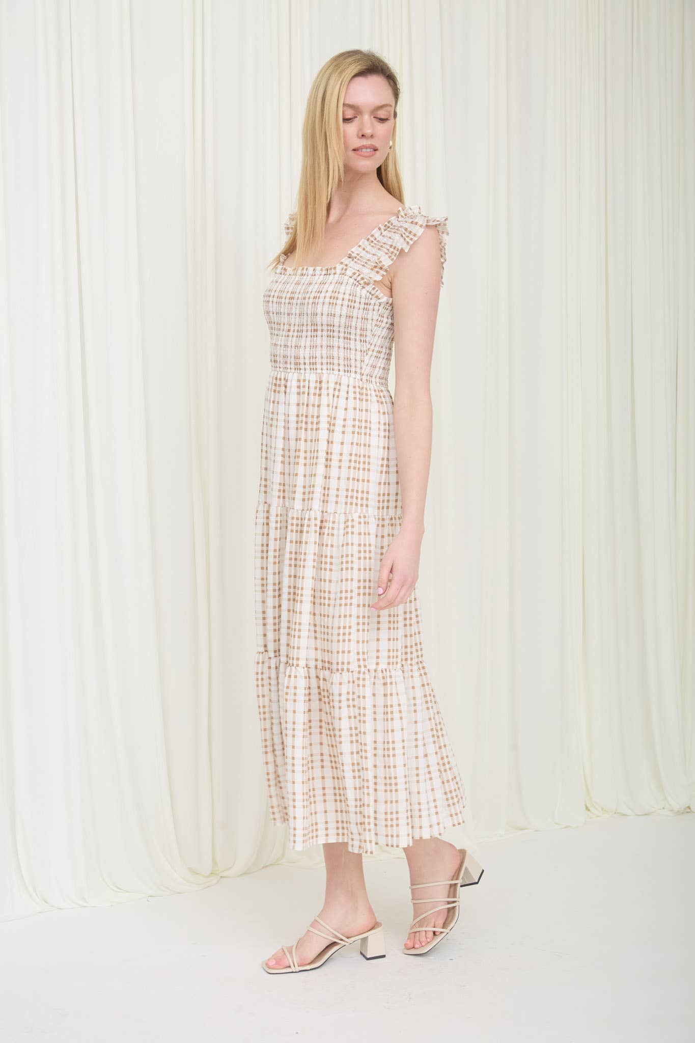 PLAID SMOCKED RUFFLE STRAP TIERED MIDI DRESS