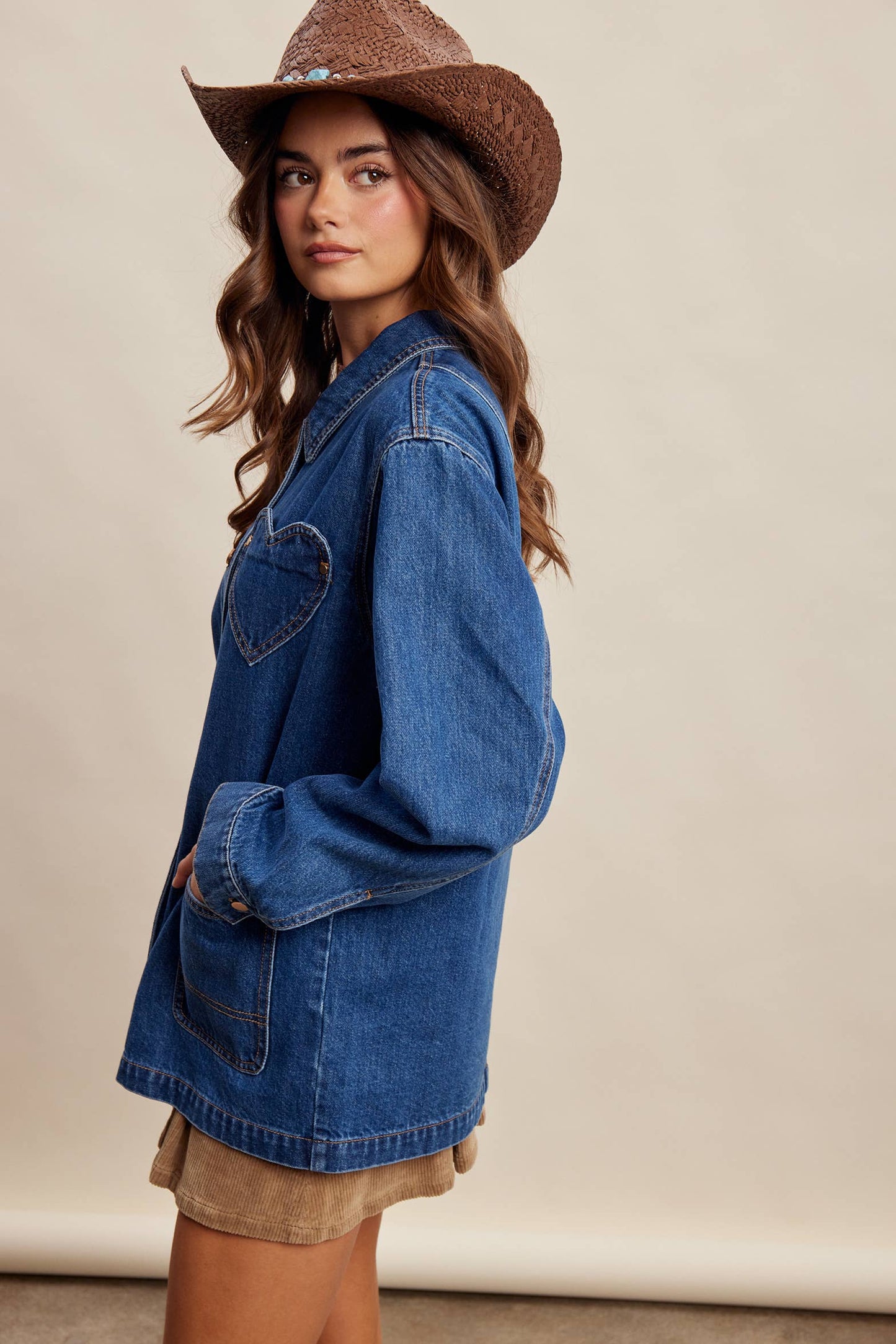 Heart Pocket Denim Shacket LJ0268