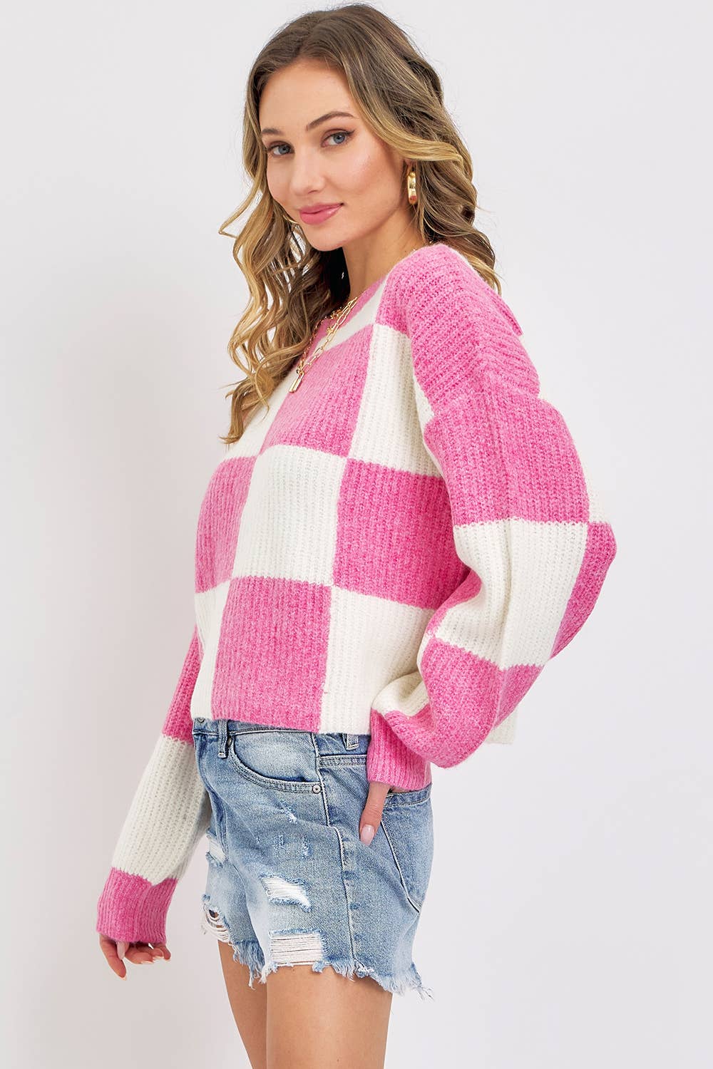 CASUAL SOFT COZY  RELAXED FIT CHECKER KNIT SWEATER: IVORY MOCHA / Contemporary / S