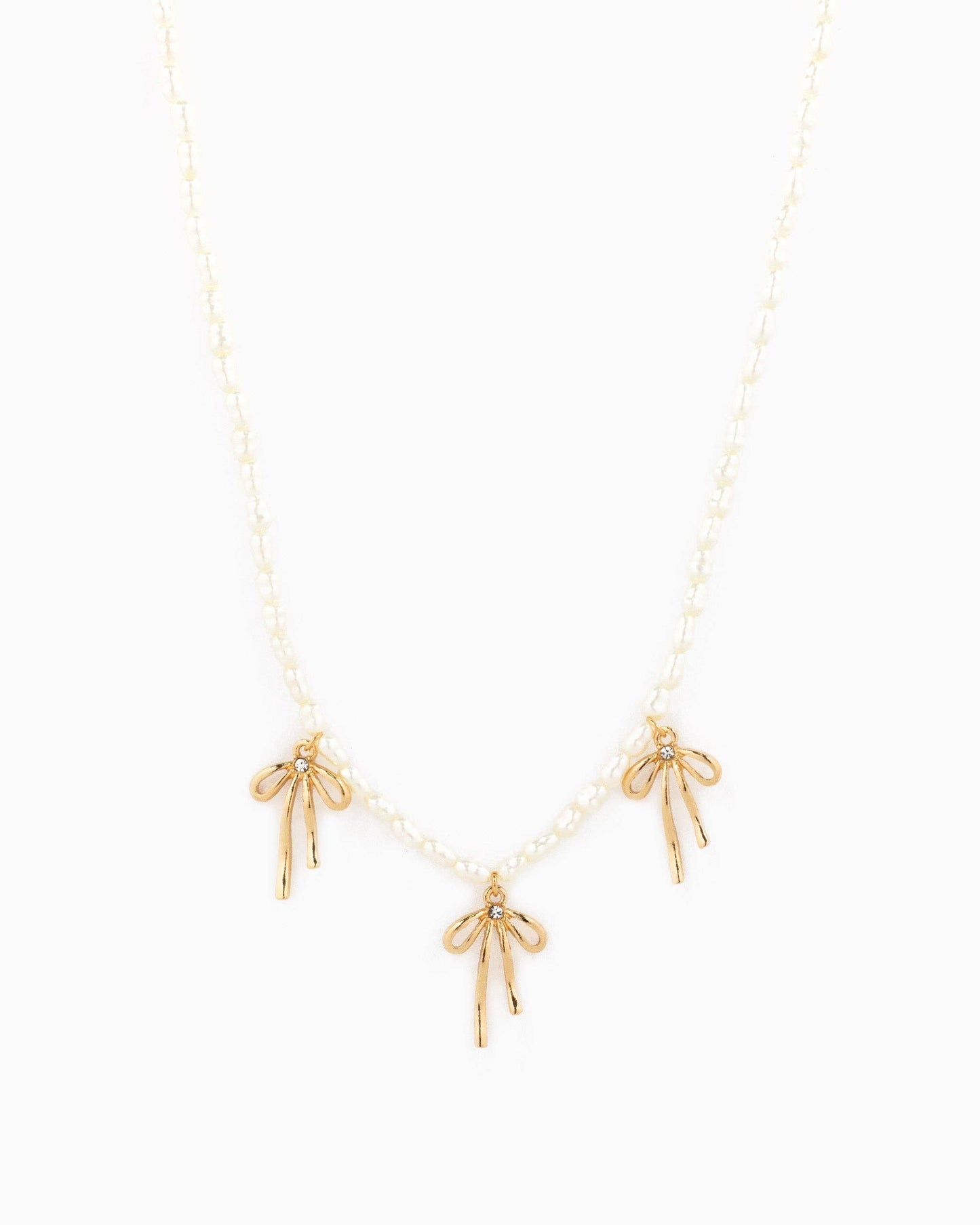 Triple Natural Bow Station Pendants Pearl Necklace