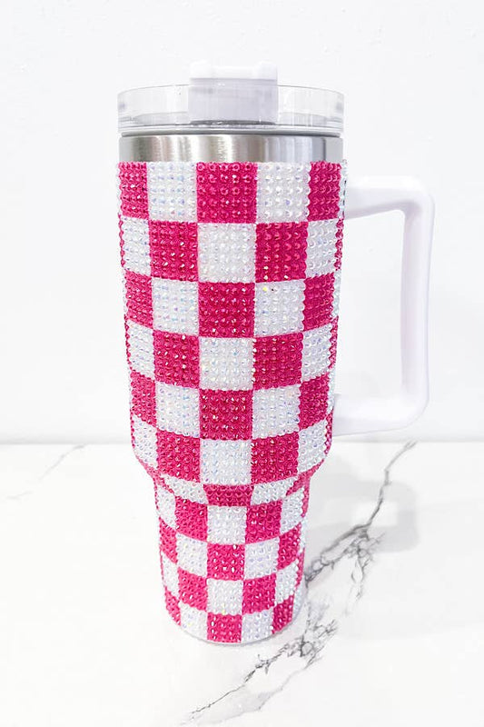 40 oz Hot Pink Check Rhinestone Tumbler