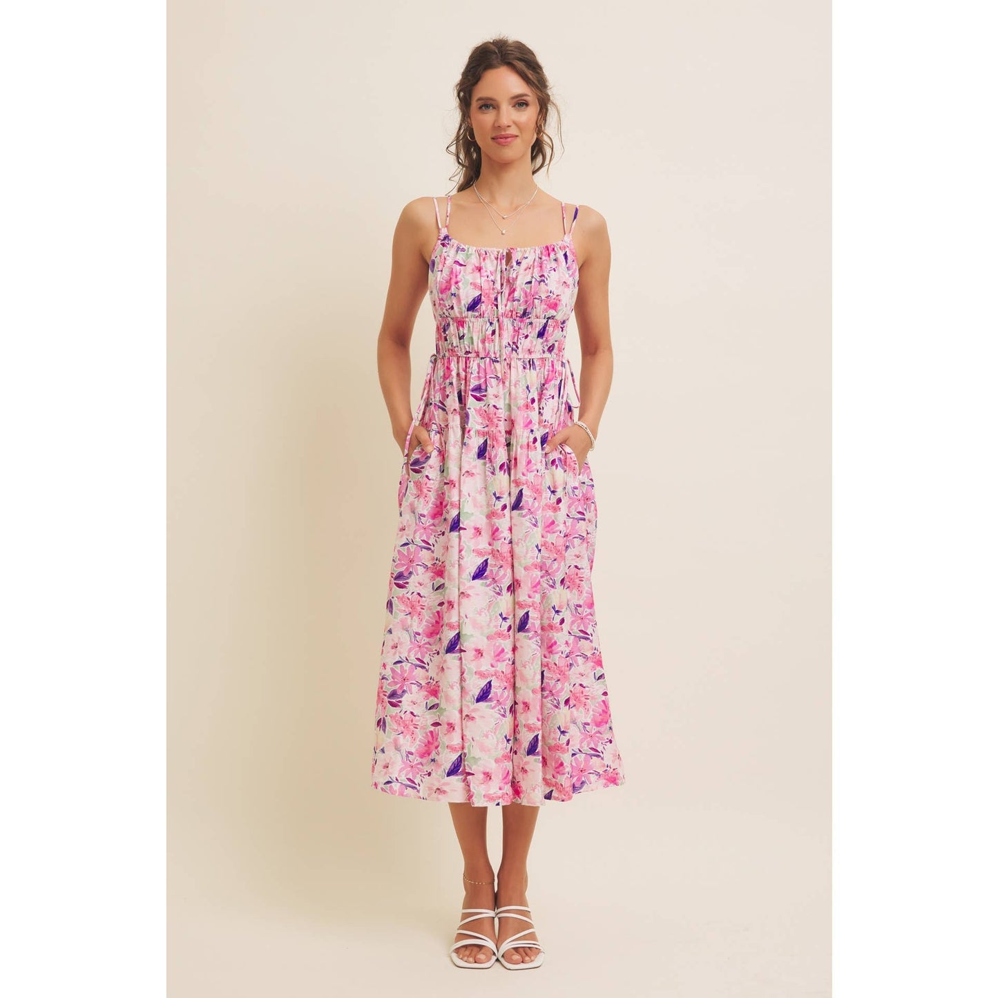 VIBRANT FLORAL PRINT RUCHING CAMI MIDI DRESS