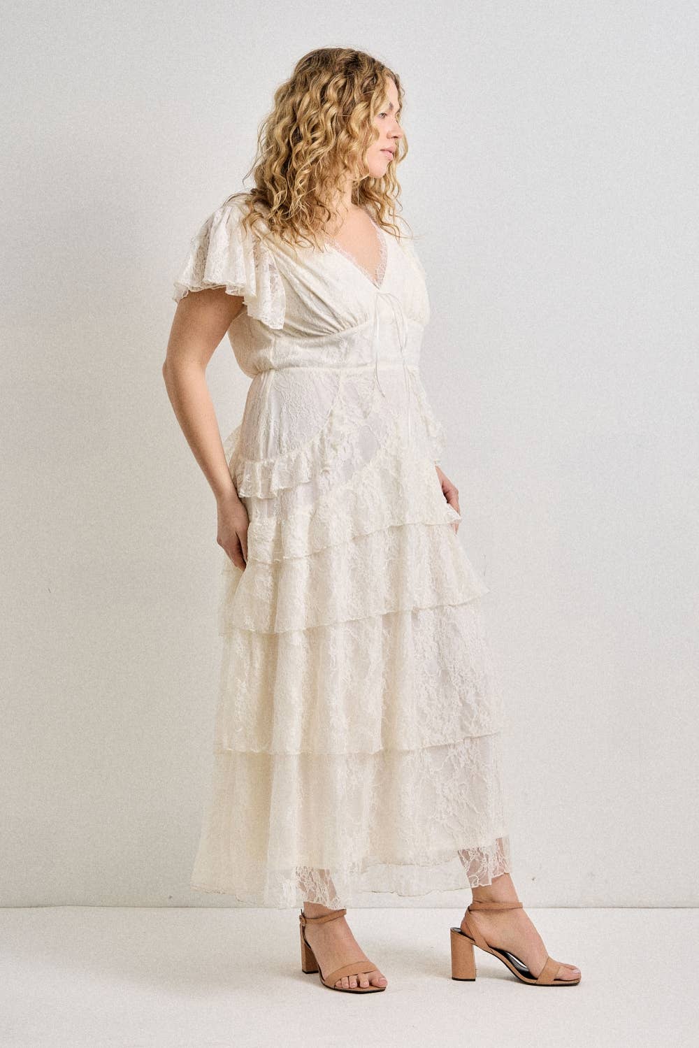 Plus Size Lace Tiered Flutter Sleeve Maxi Dress