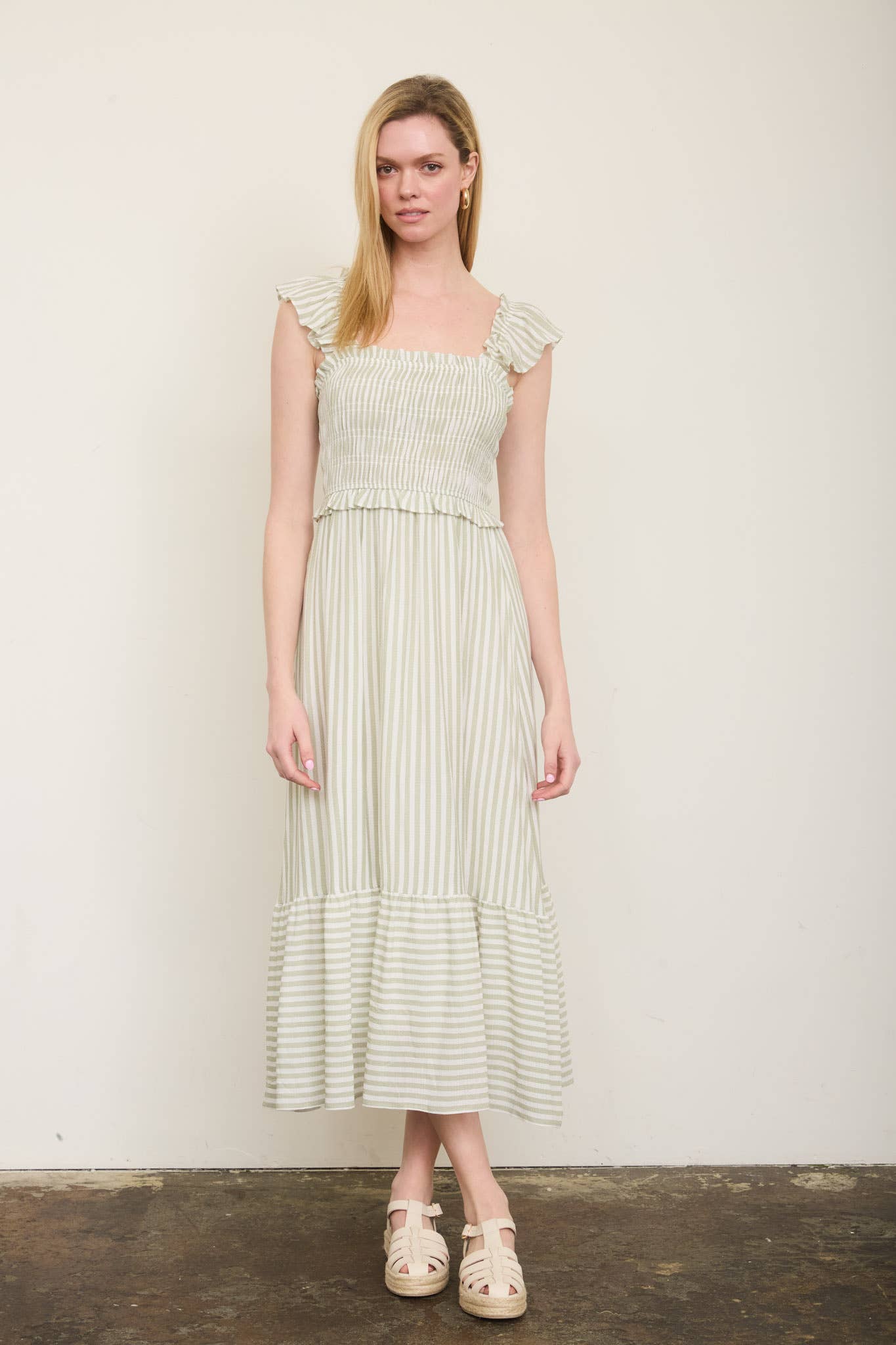 PLUS STRIPE SMOCKED RUFFLE TRIM MIDI DRESS