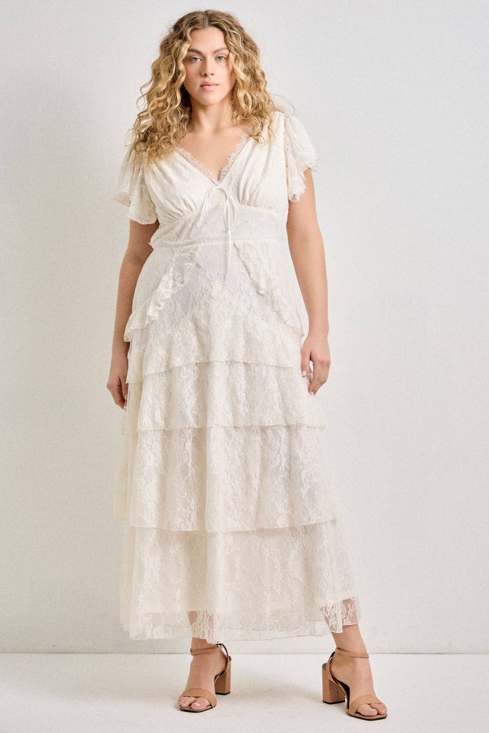 Plus Size Lace Tiered Flutter Sleeve Maxi Dress