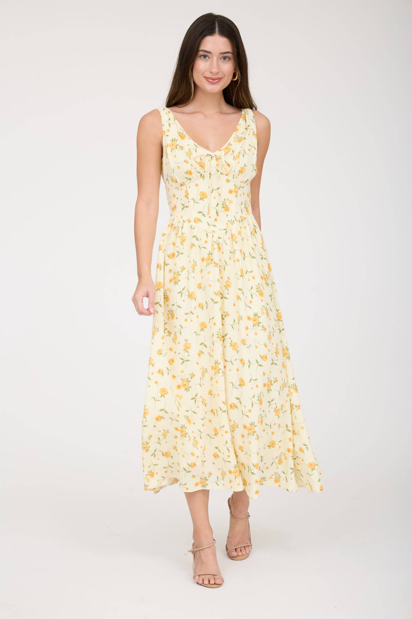 FLORAL V NECK SLEEVELESS CORSET MIDI DRESS