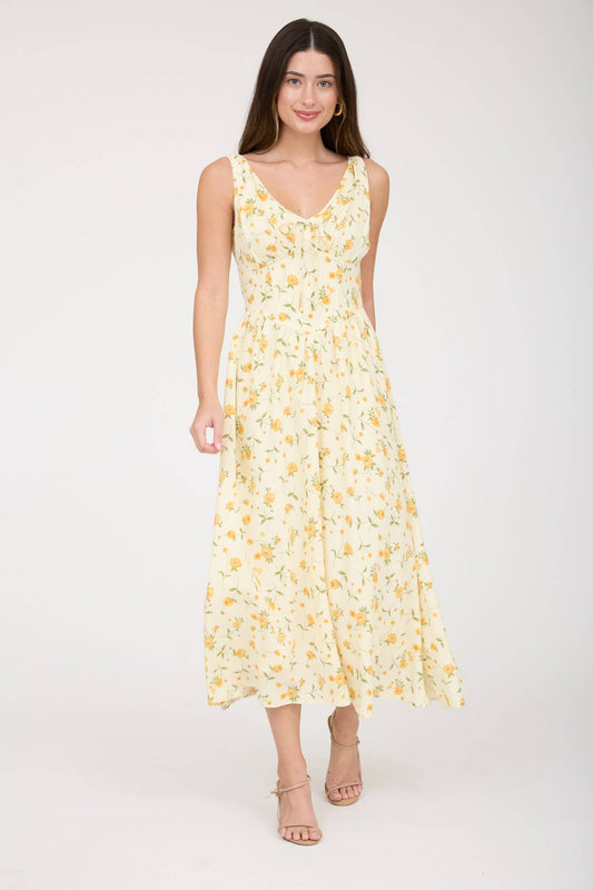 FLORAL V NECK SLEEVELESS CORSET MIDI DRESS