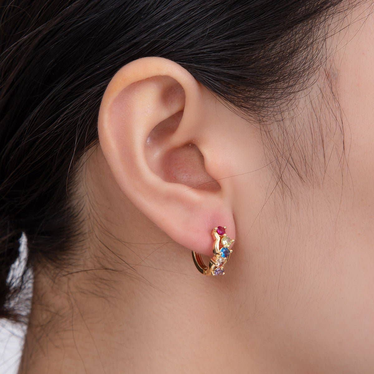 18K Gold Filled Multicolor CZ Cluster 15mm Huggie Earrings | AI350
