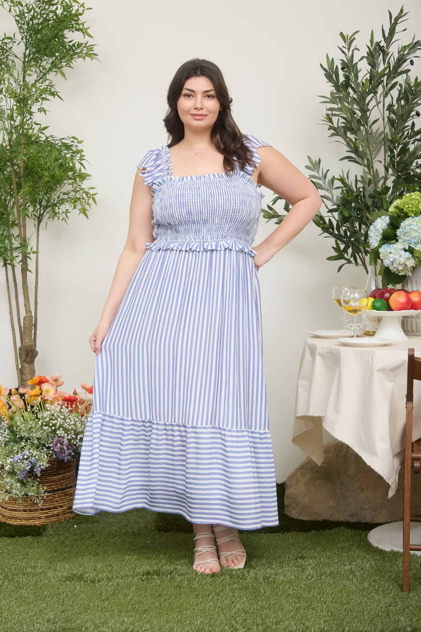 PLUS STRIPE SMOCKED RUFFLE TRIM MIDI DRESS