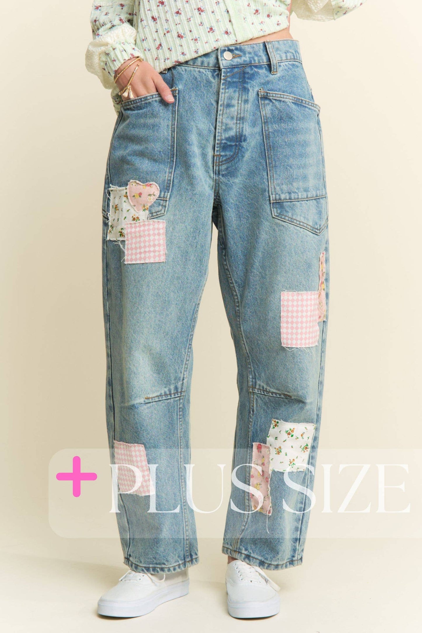 PLUS SIZE ~ MINERAL WASHED PATCHWORK JEANS
