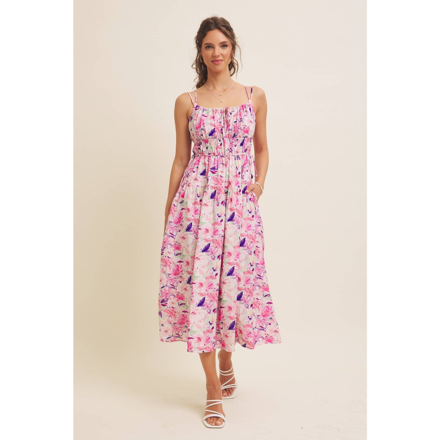 VIBRANT FLORAL PRINT RUCHING CAMI MIDI DRESS