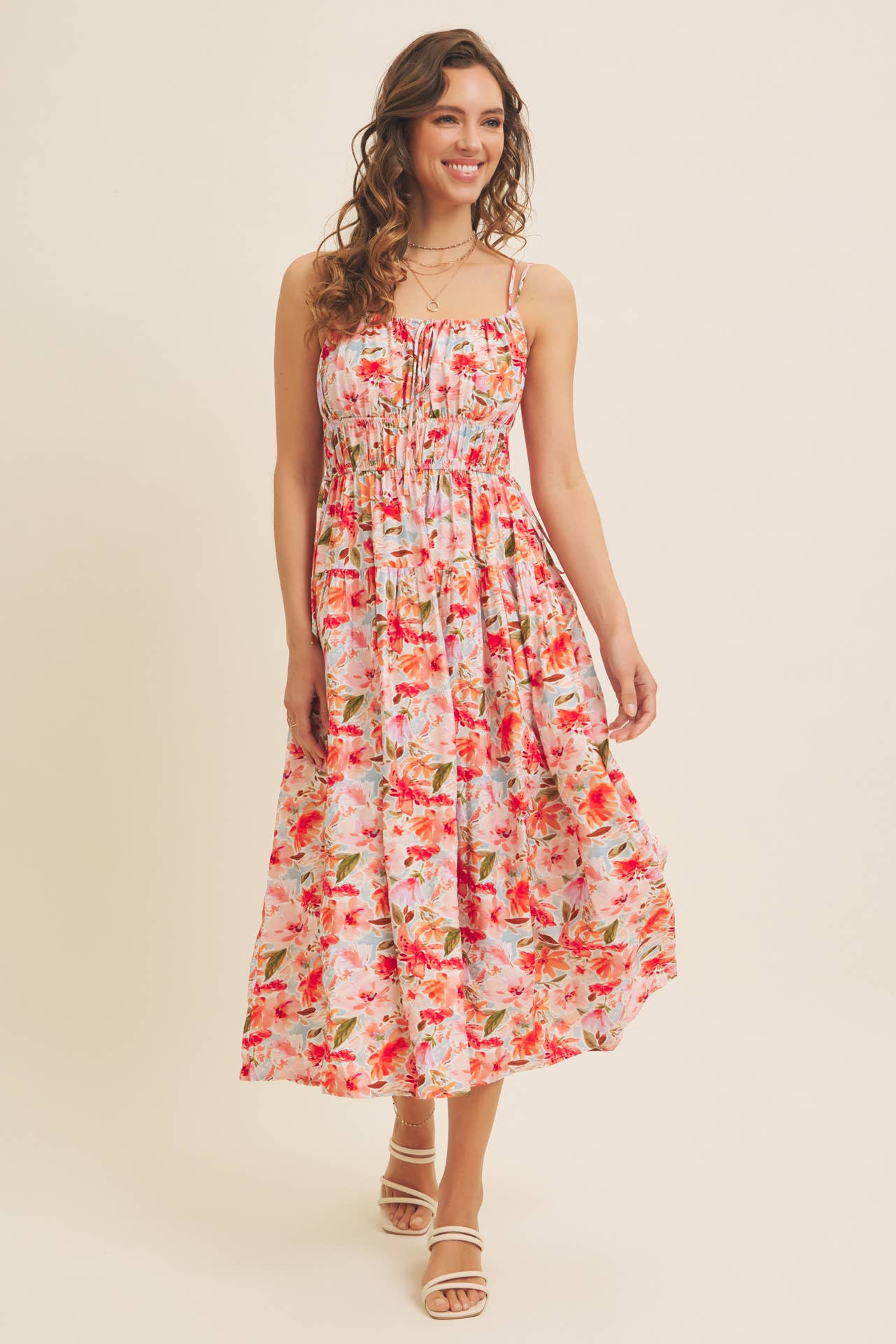 VIBRANT FLORAL PRINT RUCHING CAMI MIDI DRESS