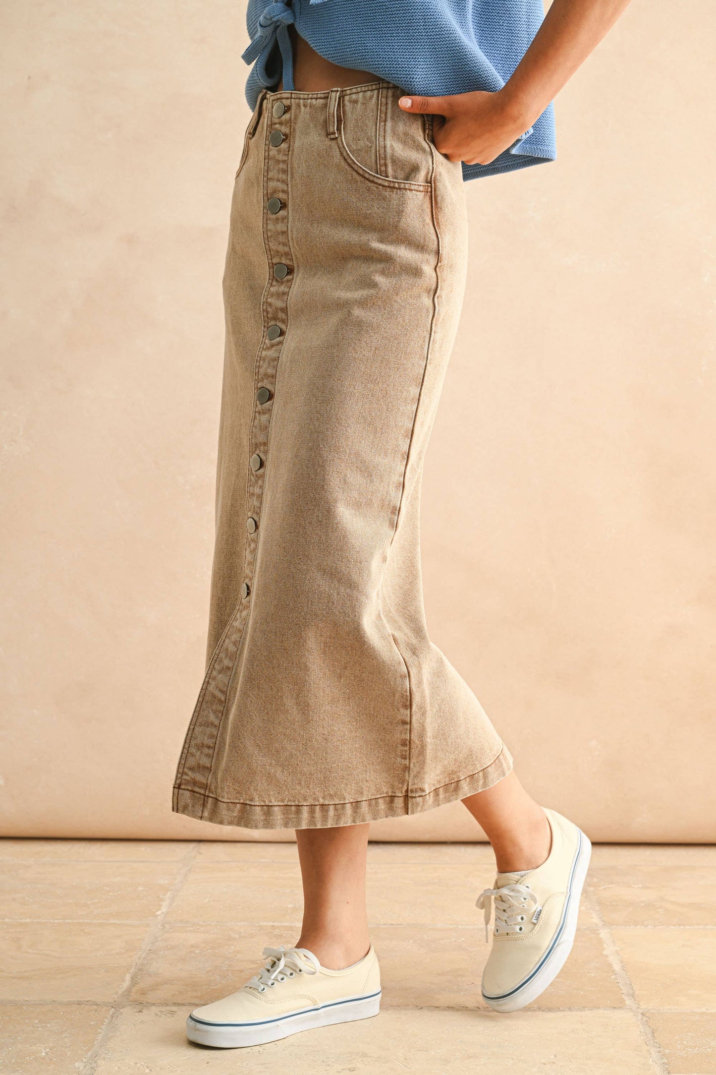 MIOU MUSE | Latte Washed Front Button Maxi Skirt