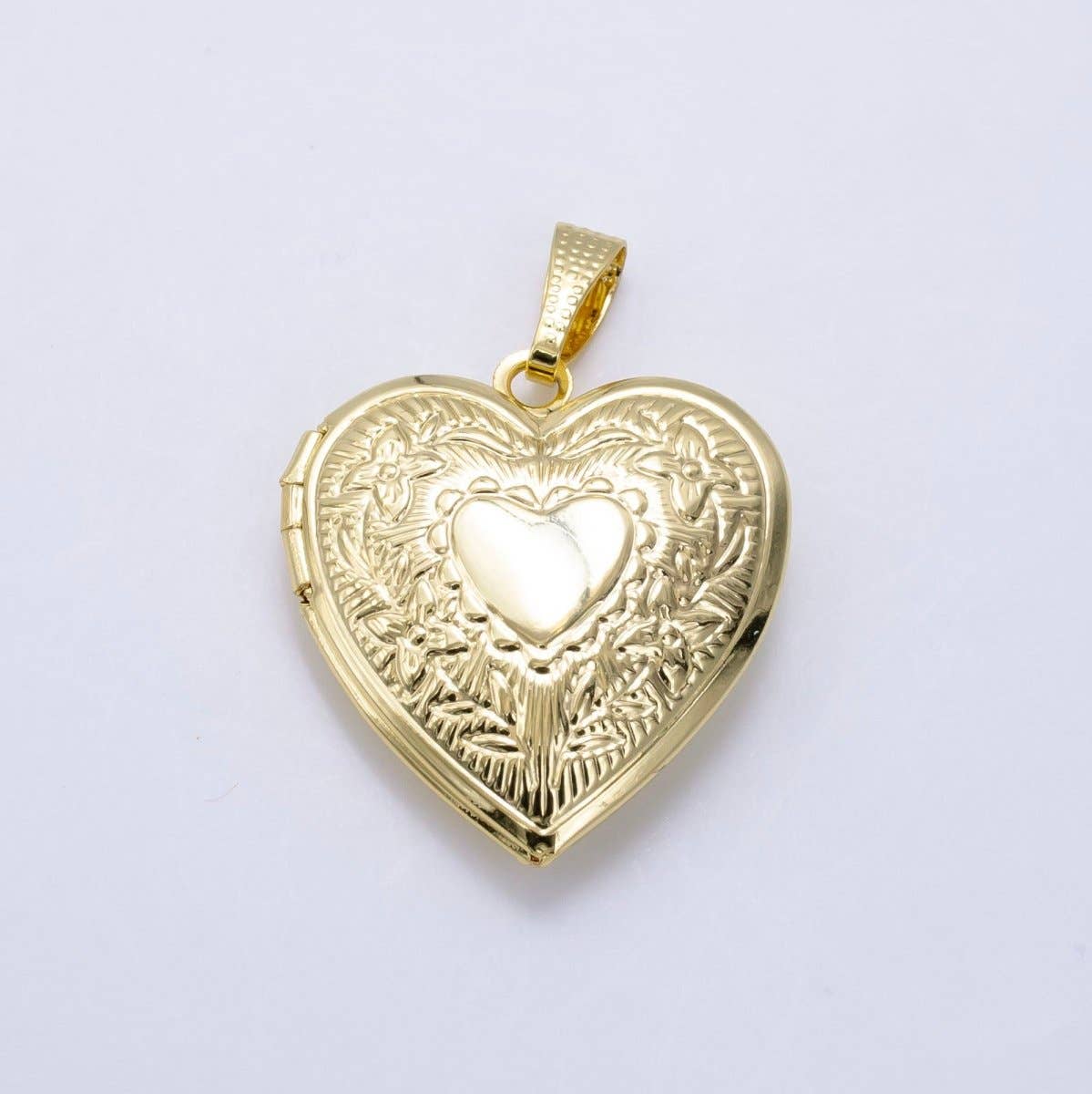 14K Gold Filled Engraved Flower Leaf Sunburst Heart Locket Pendant in Gold & Silver | H049