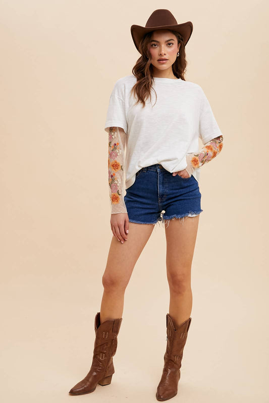 EMBROIDERED TWOFER SLEEVE TOP