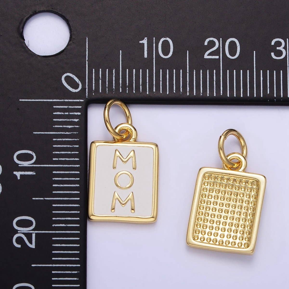 "MOM" White Enamel Tag Charm