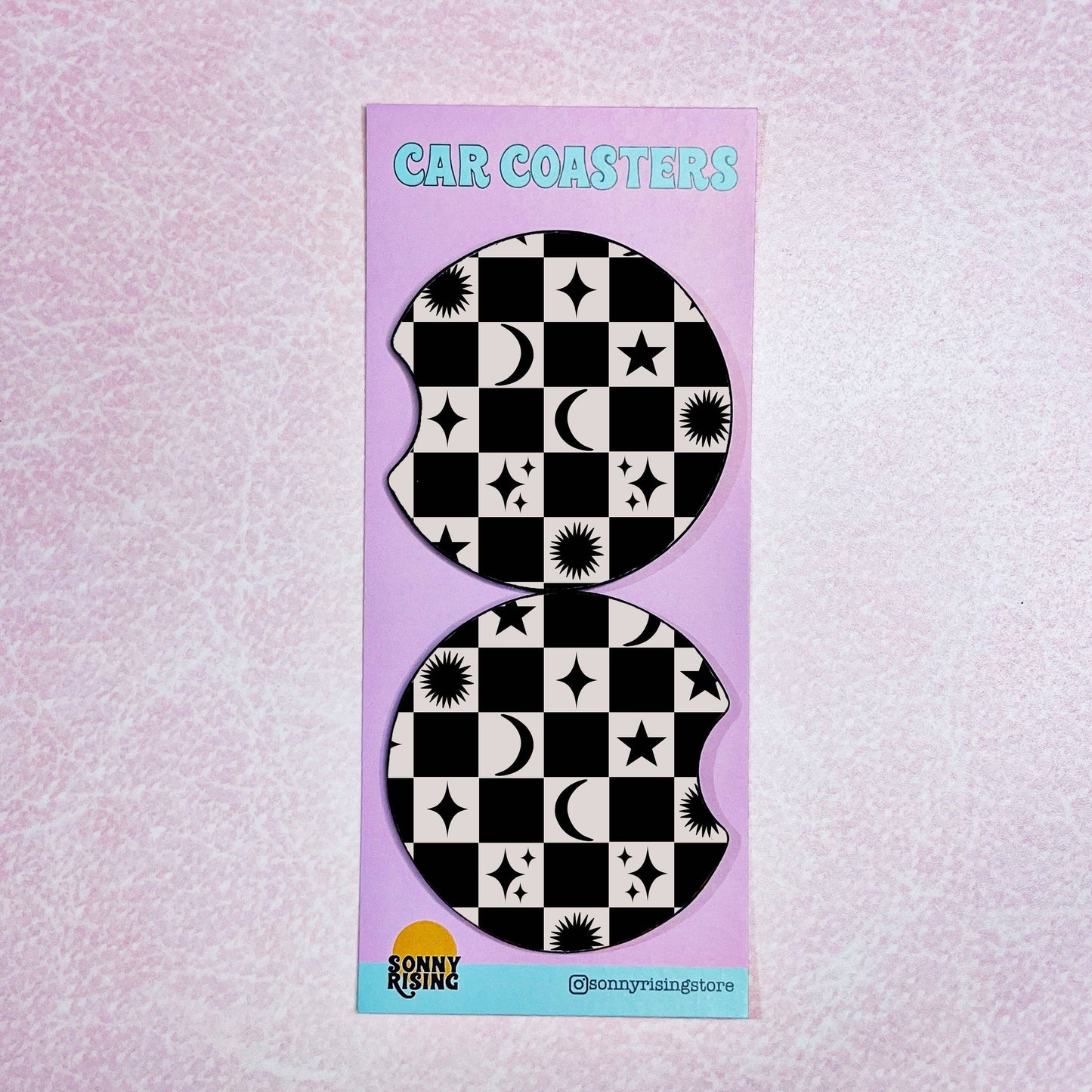 2 Car Coasters, Black Moon and Stars Checker Pattern