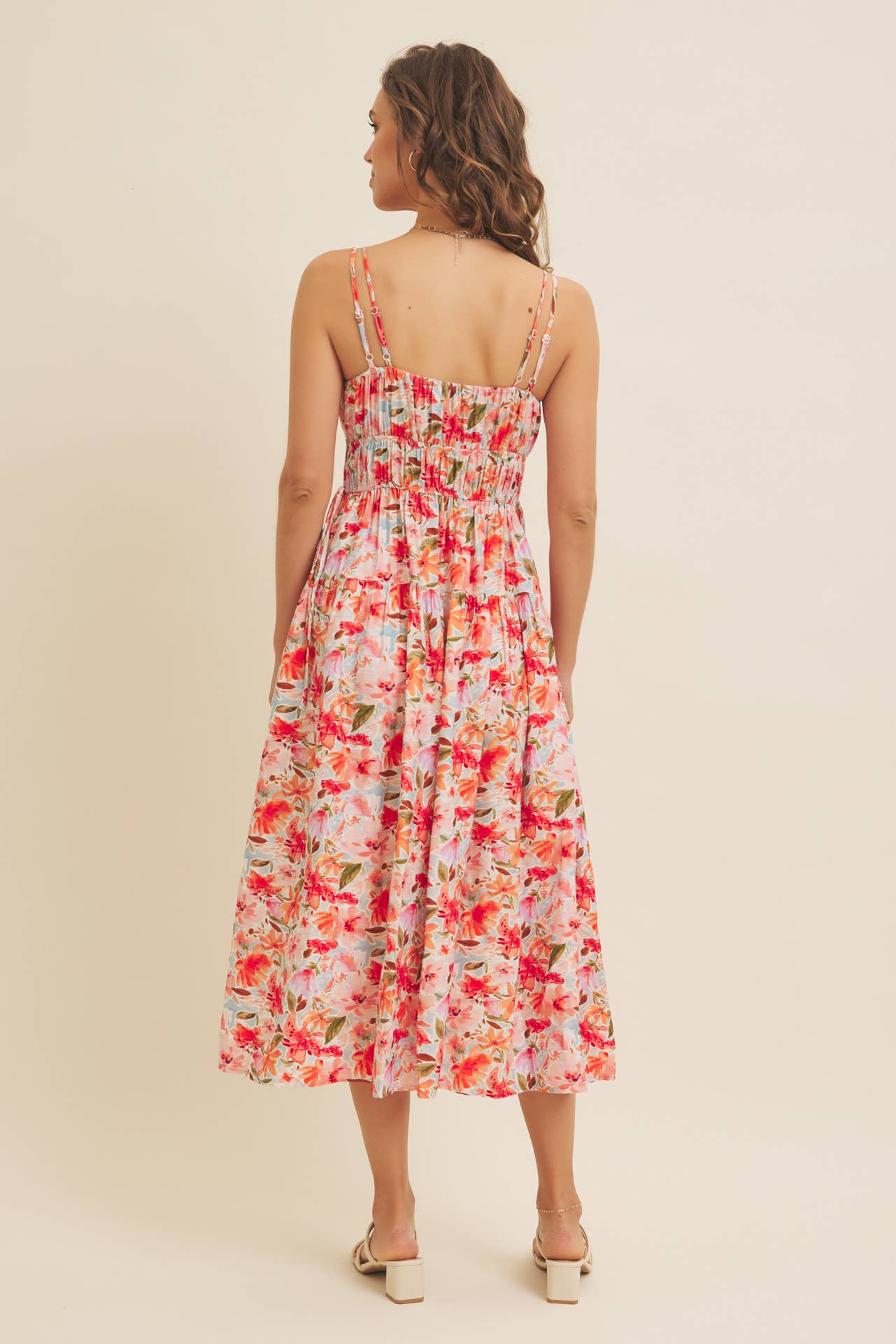 VIBRANT FLORAL PRINT RUCHING CAMI MIDI DRESS