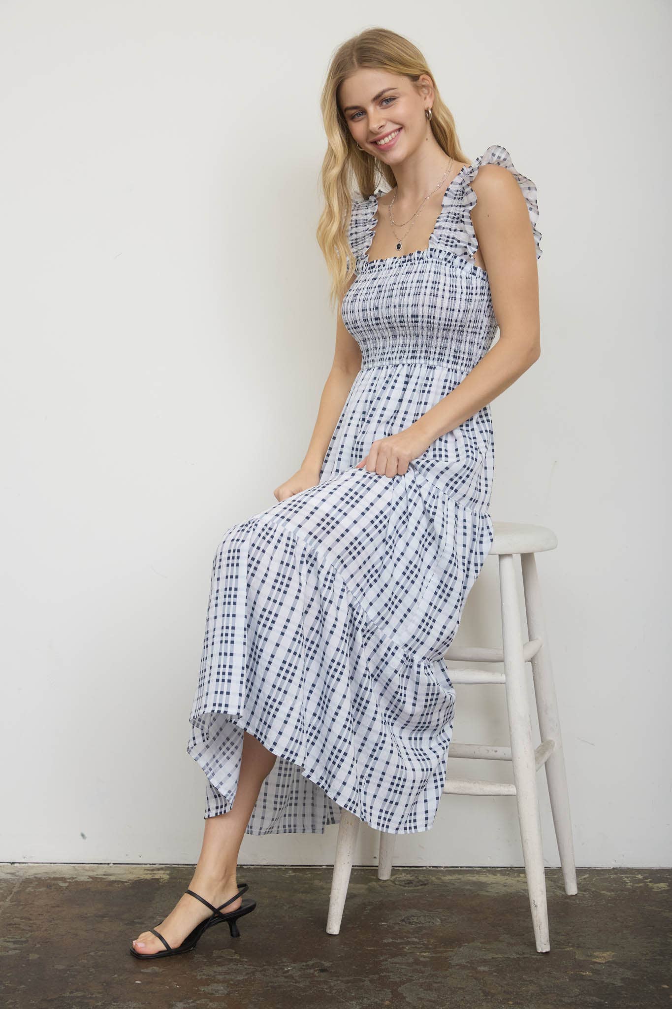 PLAID SMOCKED RUFFLE STRAP TIERED MIDI DRESS