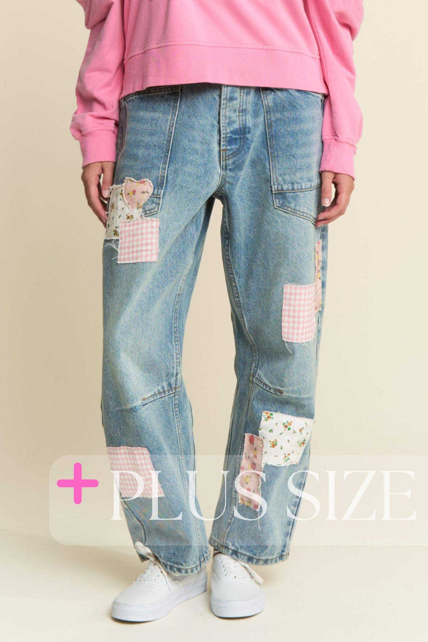 PLUS SIZE ~ MINERAL WASHED PATCHWORK JEANS