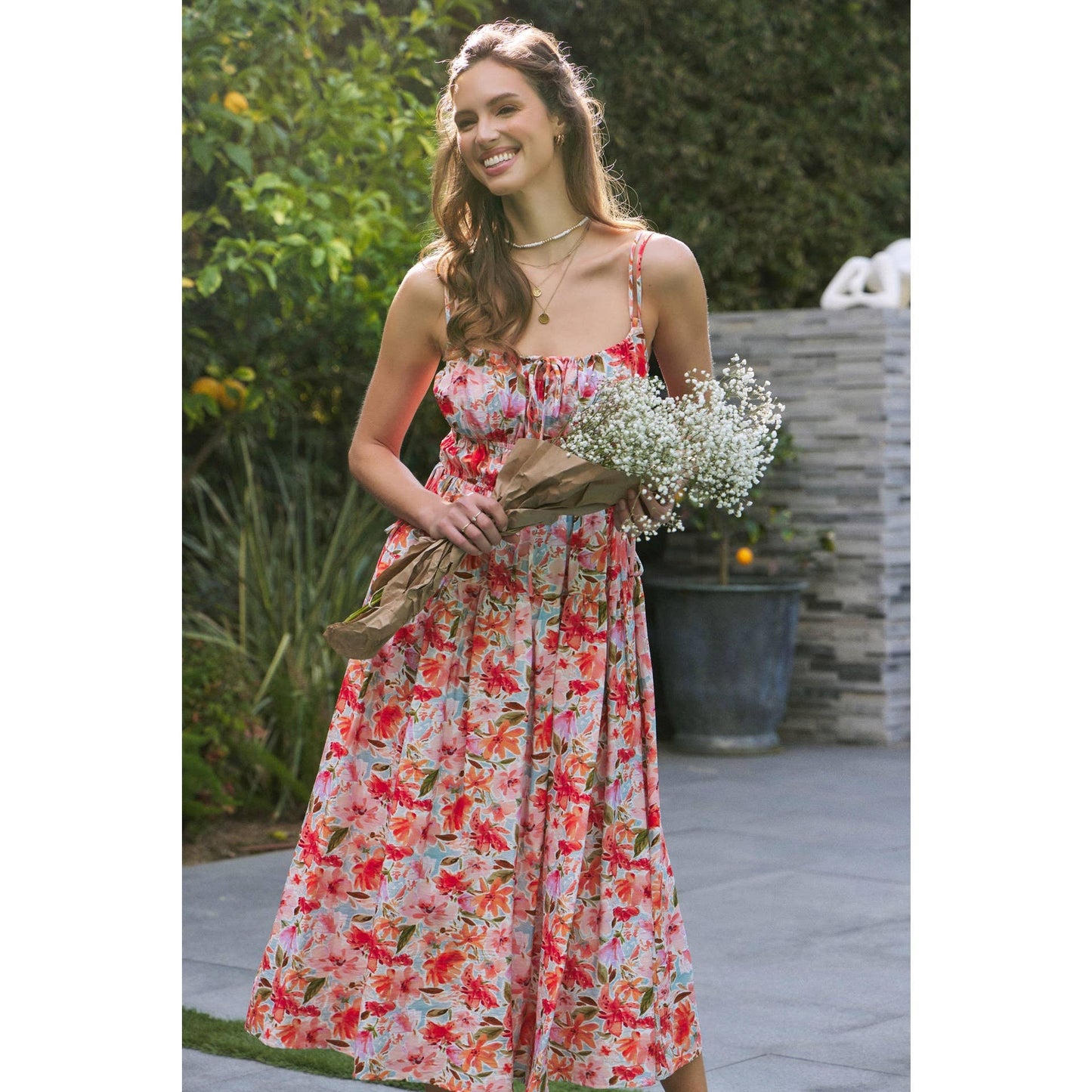 VIBRANT FLORAL PRINT RUCHING CAMI MIDI DRESS