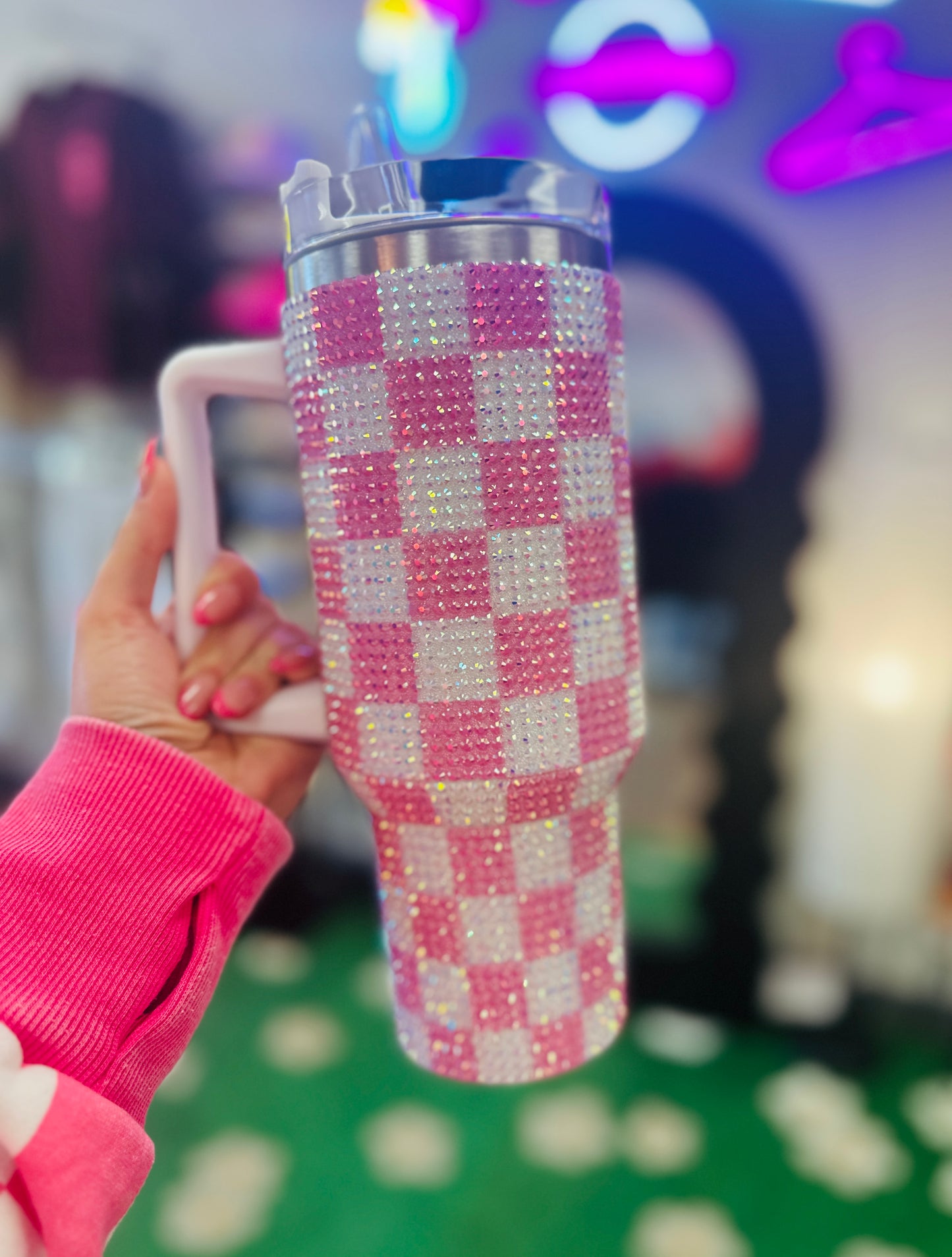 40 oz Pink Check Sparkle Tumbler