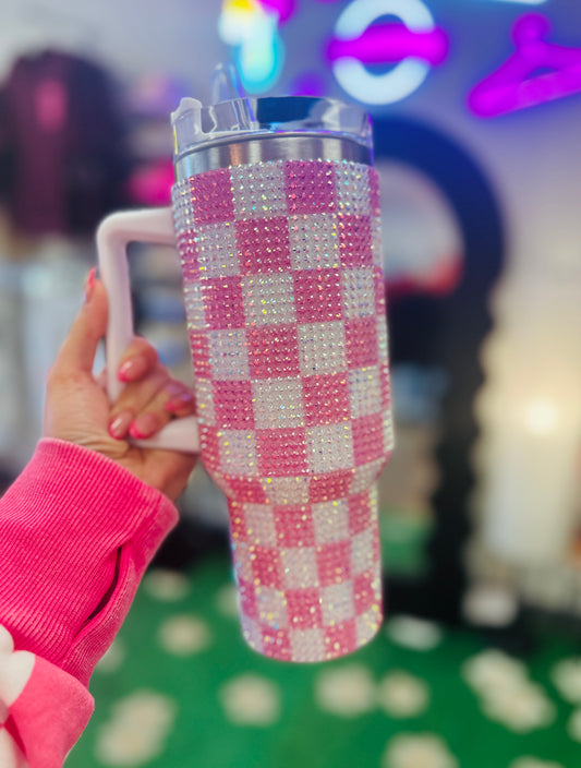 40 oz Pink Check Sparkle Tumbler