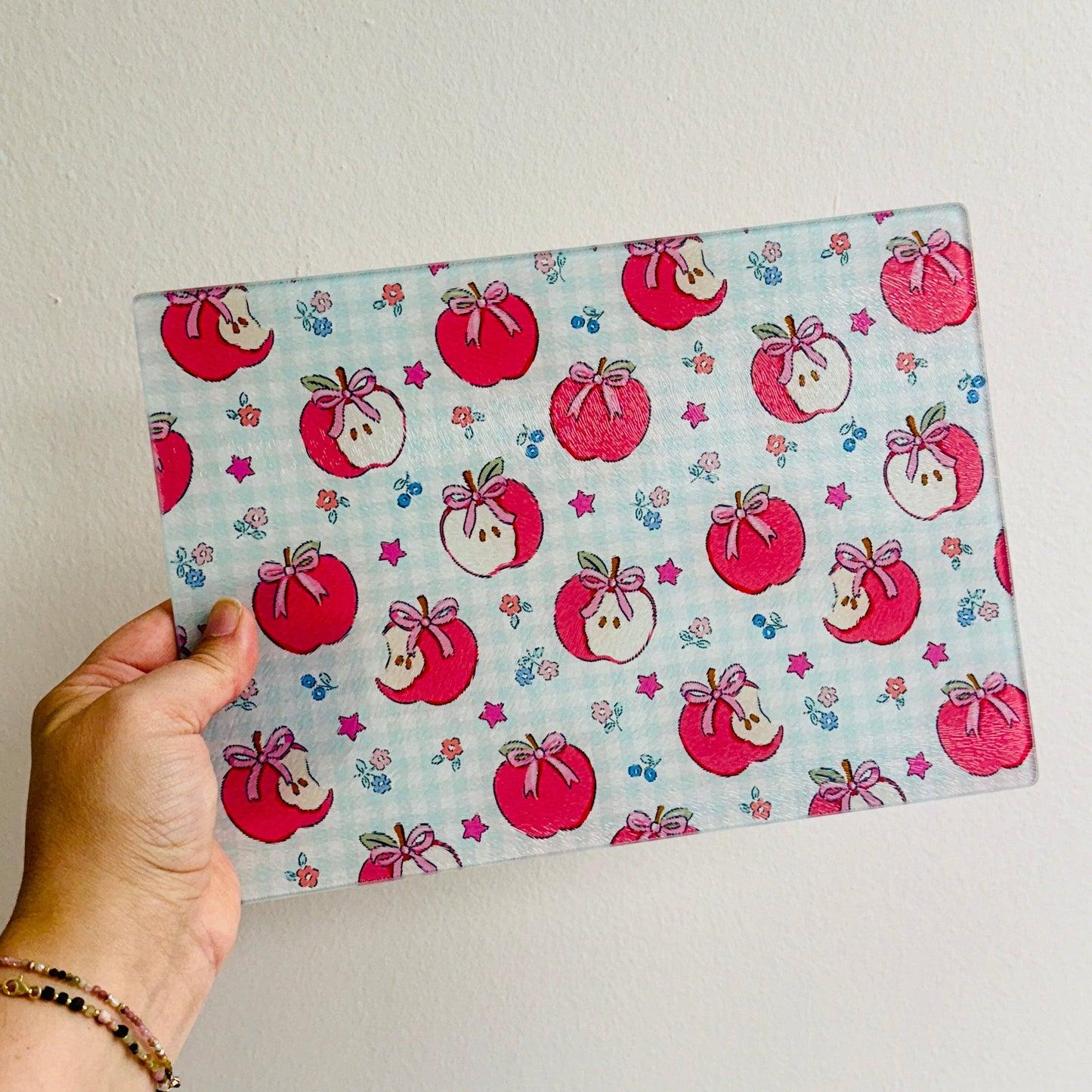 Glass Cutting Board, Gingham Apple Pattern