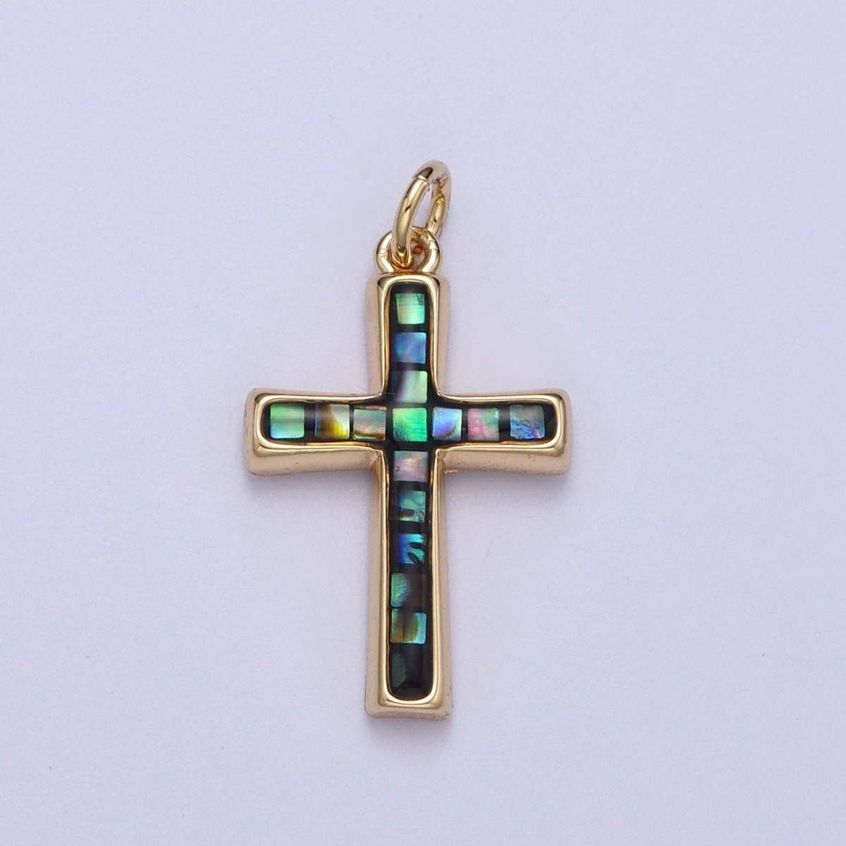 24K Gold Filled Religious Cross Black, White, Blue, Pink Shell Opal Charm | C-218 C-233 C-234 C-241