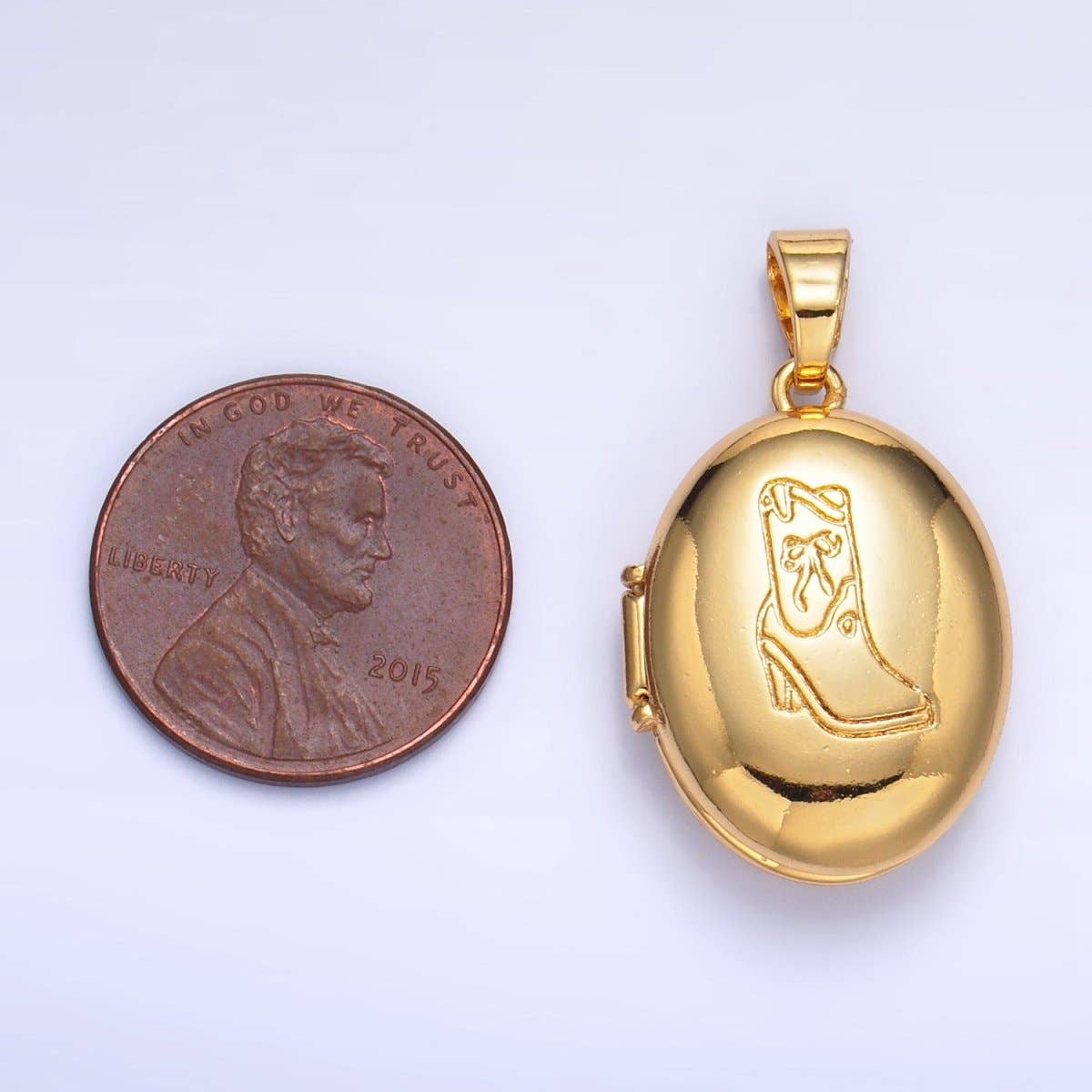 24K Gold Filled Engraved Cowboy Boot Oval Locket Pendant | AA-1016