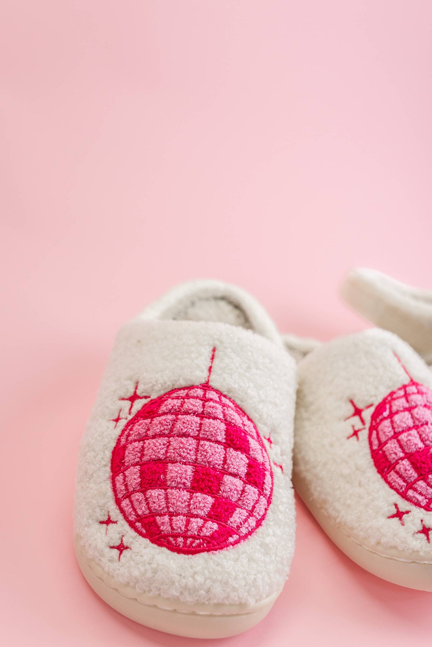 Fuzzy Plush Slippers with Pink Disco Ball