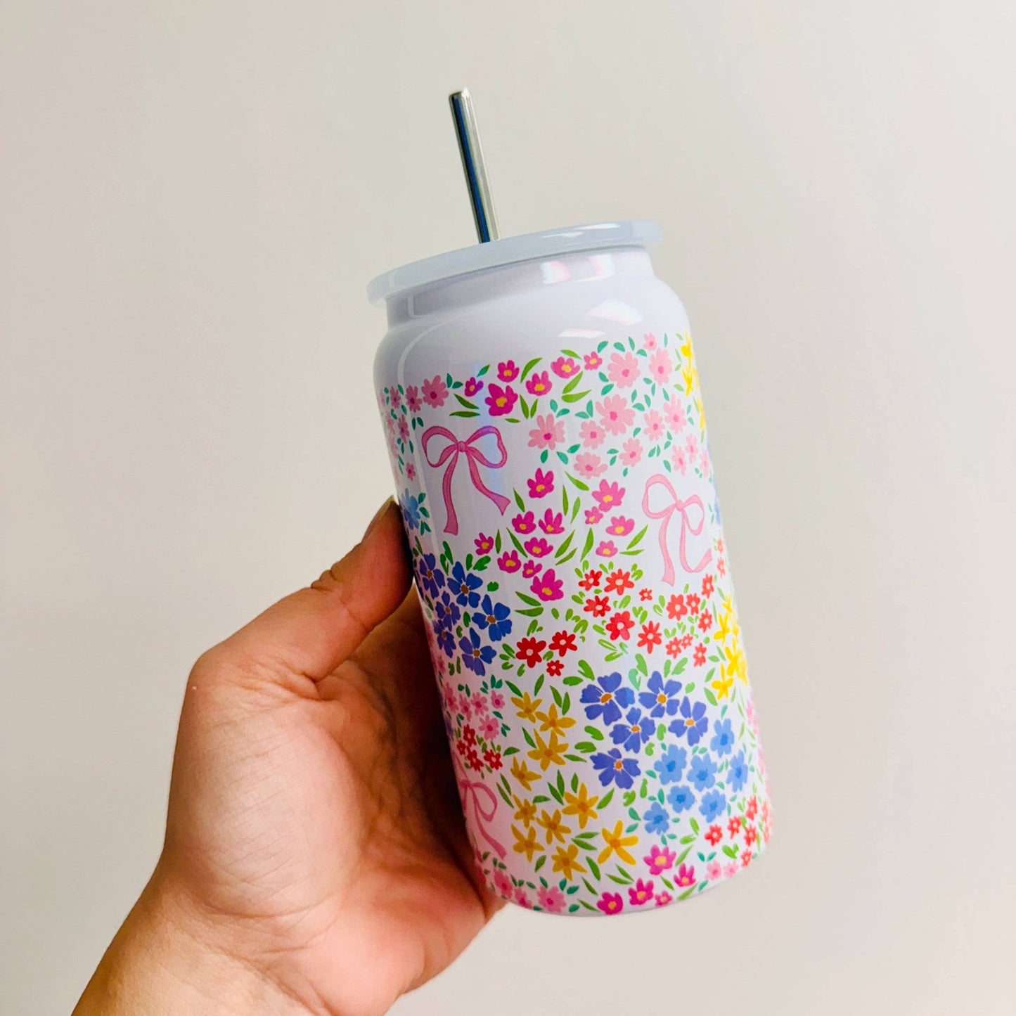 16 oz Stainless Steel Cup, Bows and Ditsy Floral Pattern