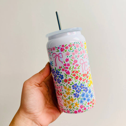 16 oz Stainless Steel Cup, Bows and Ditsy Floral Pattern