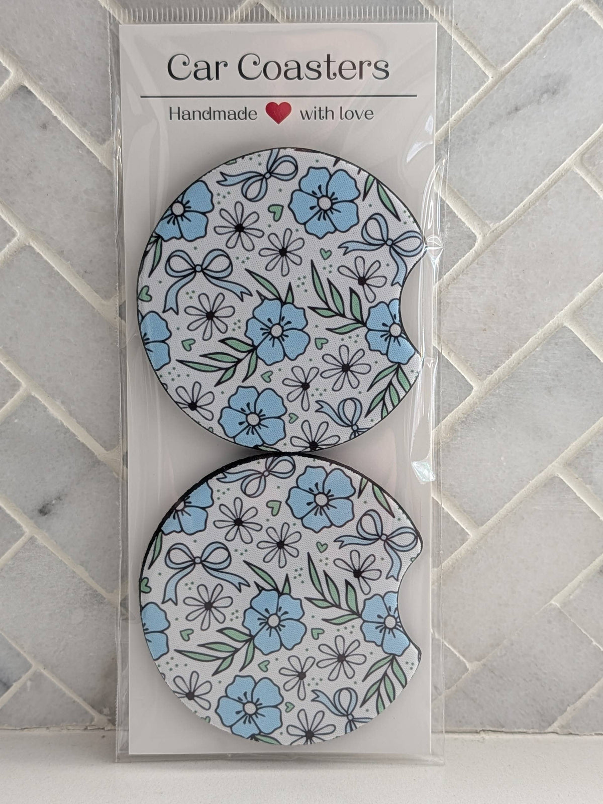 Blue Floral Leaves Car Coasters